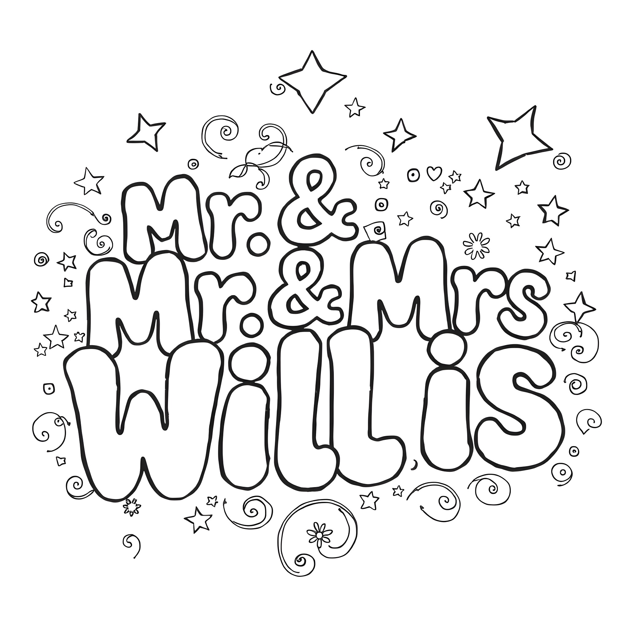 Mr. & Mrs. Willis' Joyful Celebration with Whimsical Decor Coloring Page (free black-and-white line drawing printable PDF for all, from beginners to advanced learners, including children, teens, adults, and seniors)