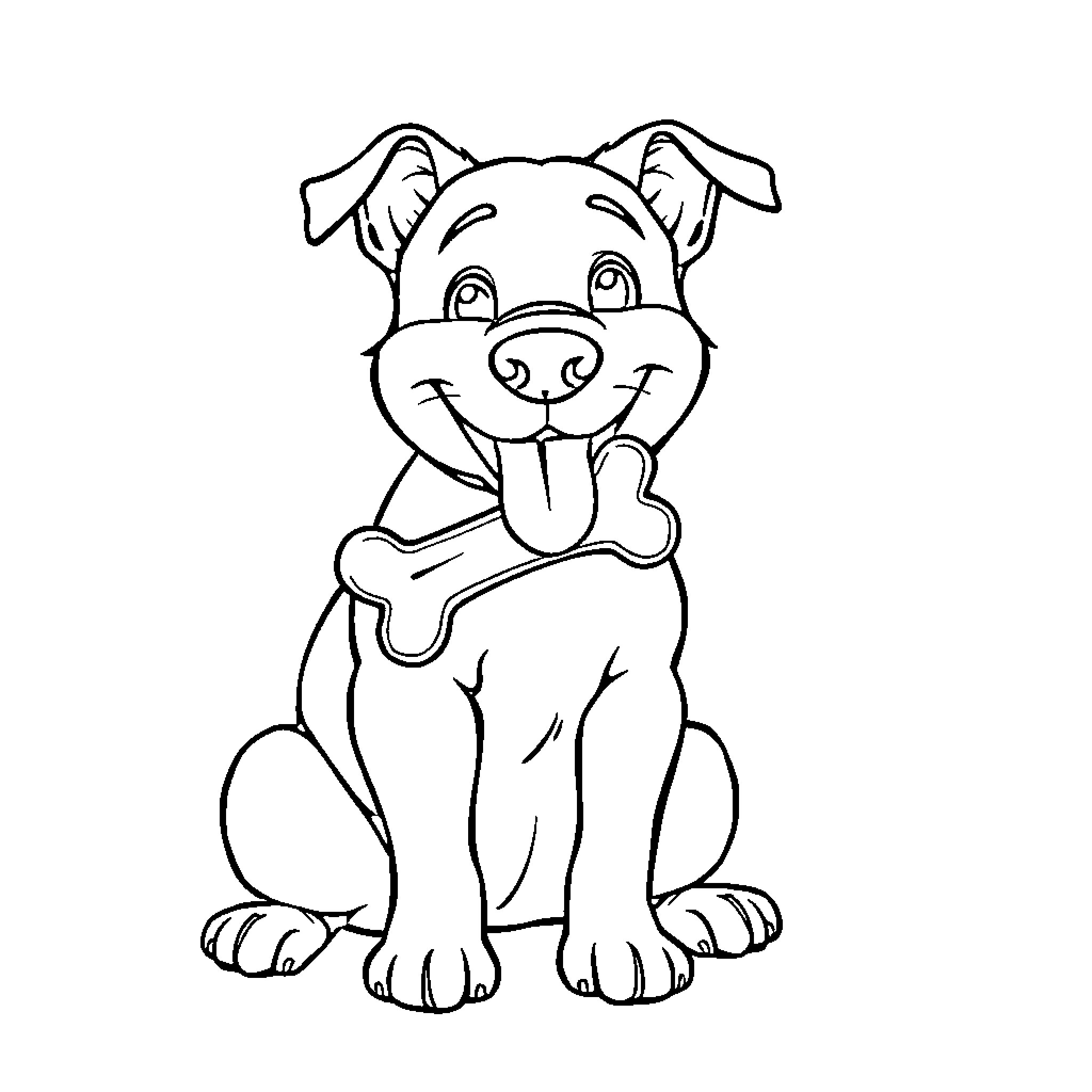 Dog with a Bone Sitting Happily Coloring Page (free black-and-white line drawing printable PDF for all, from beginners to advanced learners, including children, teens, adults, and seniors)