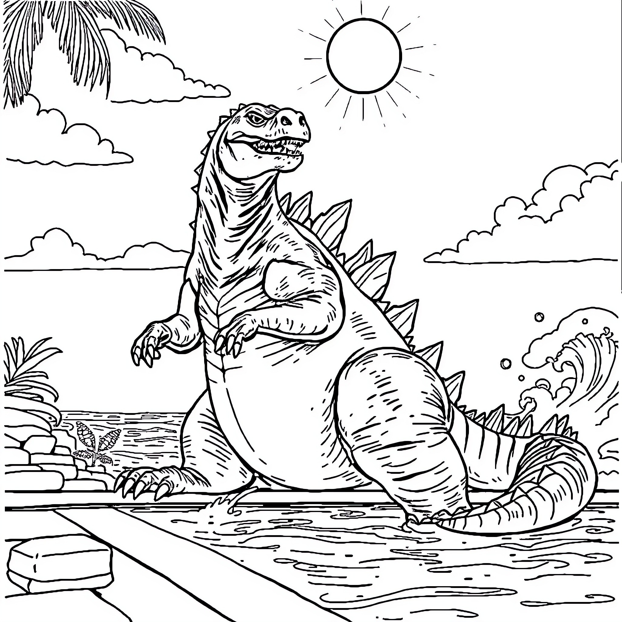 Godzilla stomping through tropical beach scene Coloring Page (free black-and-white line drawing printable PDF for all, from beginners to advanced learners, including children, teens, adults, and seniors)