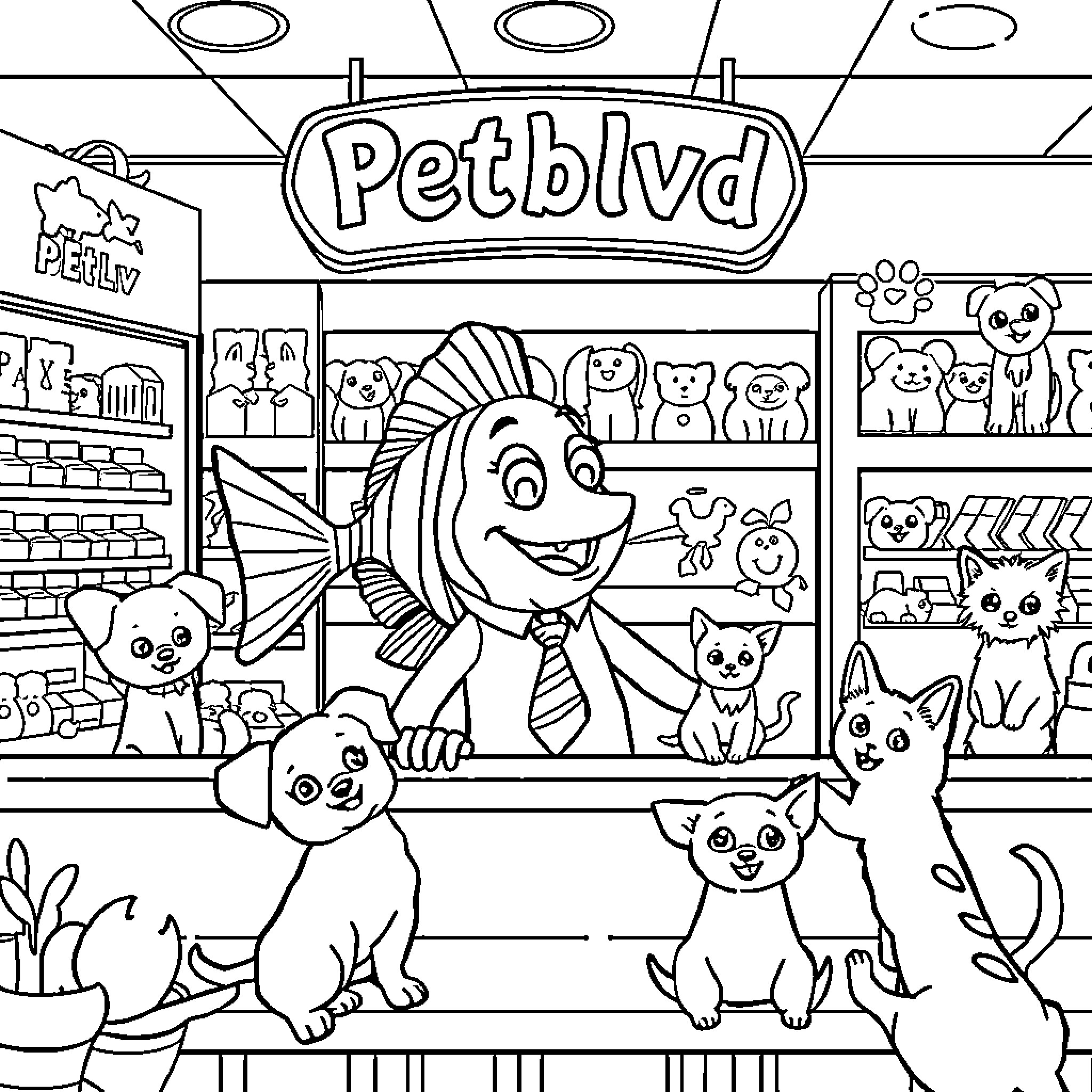 Fish Exploring a Pet Store with Cute Animals Coloring Page (free black-and-white line drawing printable PDF for all, from beginners to advanced learners, including children, teens, adults, and seniors)