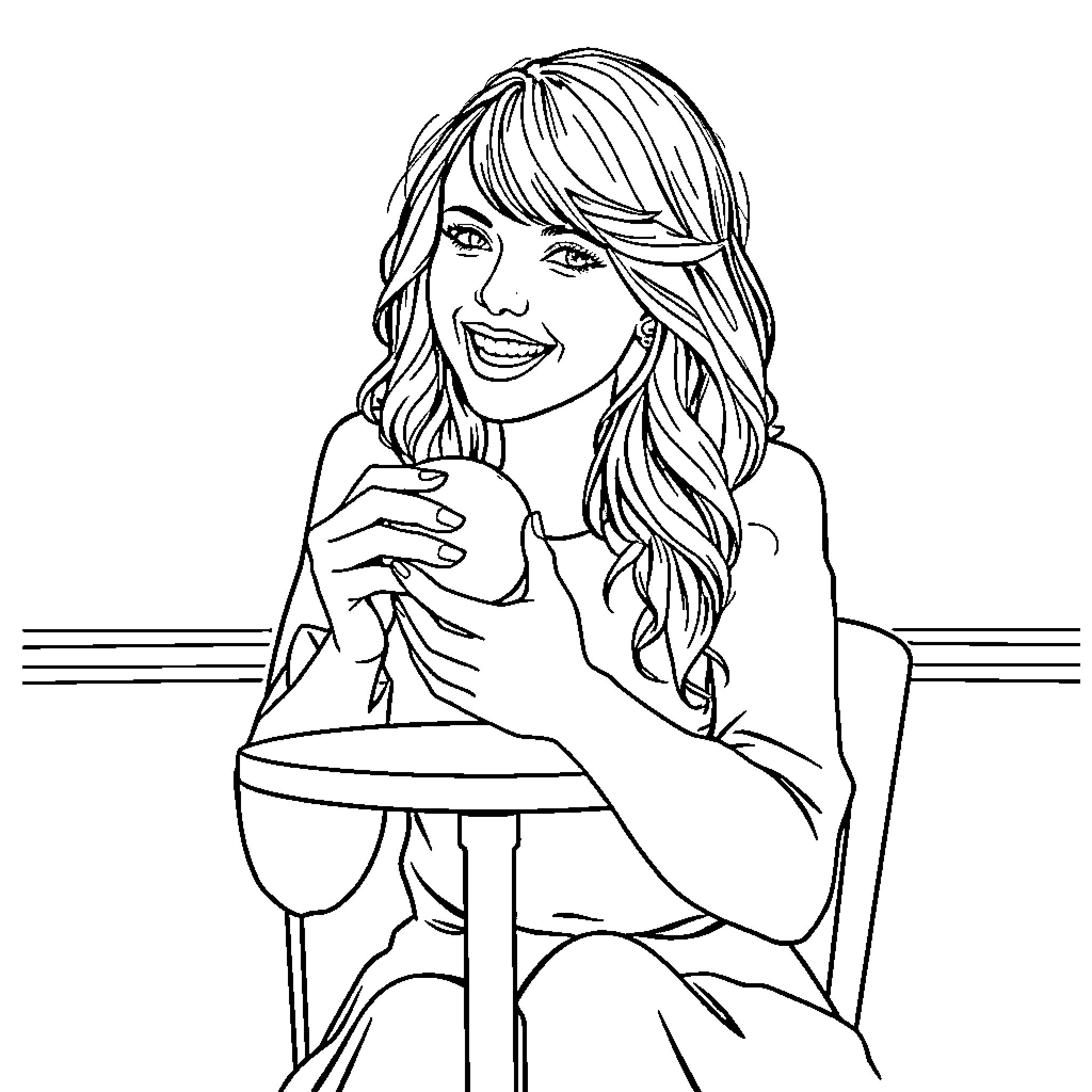 Taylor Swift smiling and looking cheerful in portrait Coloring Page (free black-and-white line drawing printable PDF for all, from beginners to advanced learners, including children, teens, adults, and seniors)