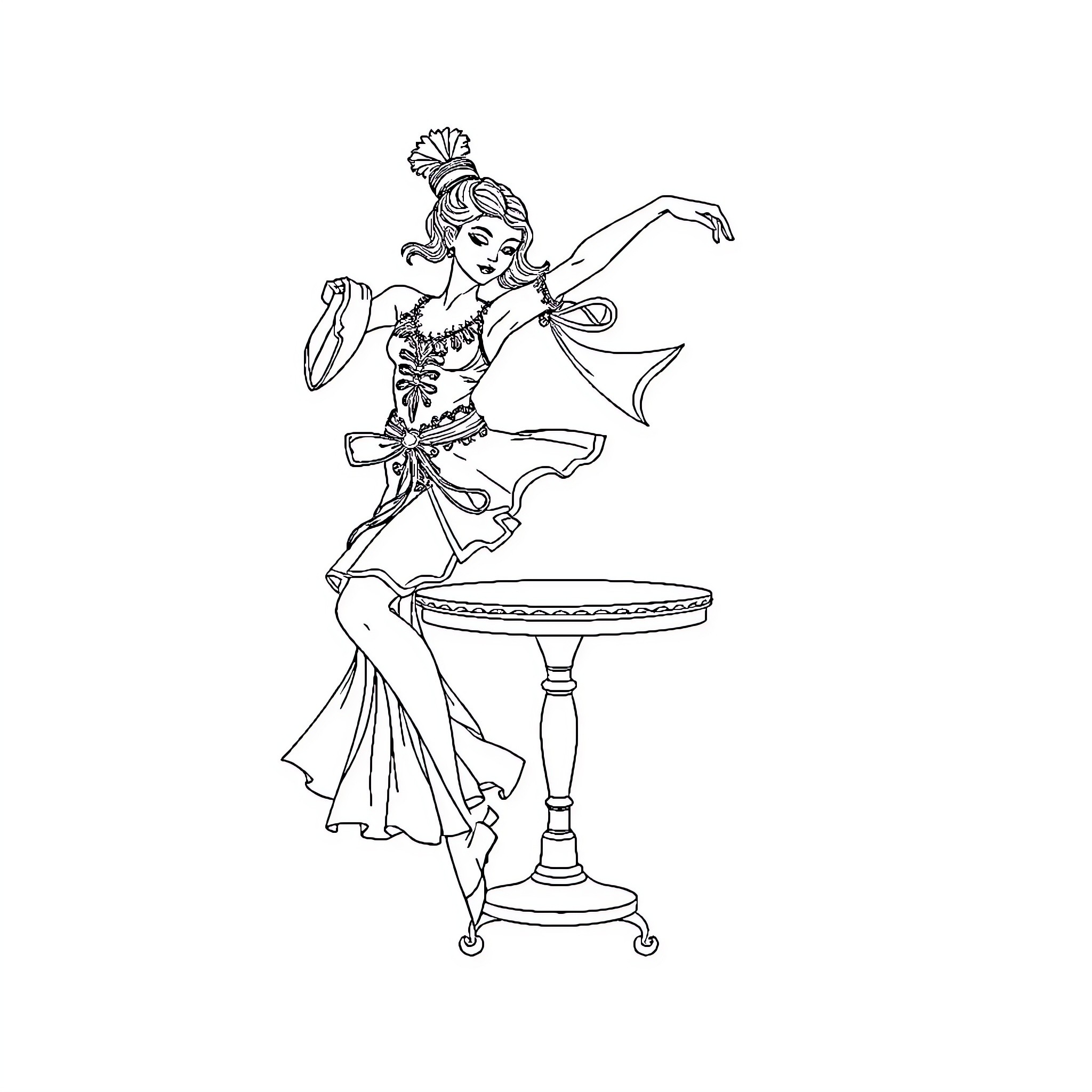 Dancer in Elegant Costume Performing Coloring Page (free black-and-white line drawing printable PDF for all, from beginners to advanced learners, including children, teens, adults, and seniors)