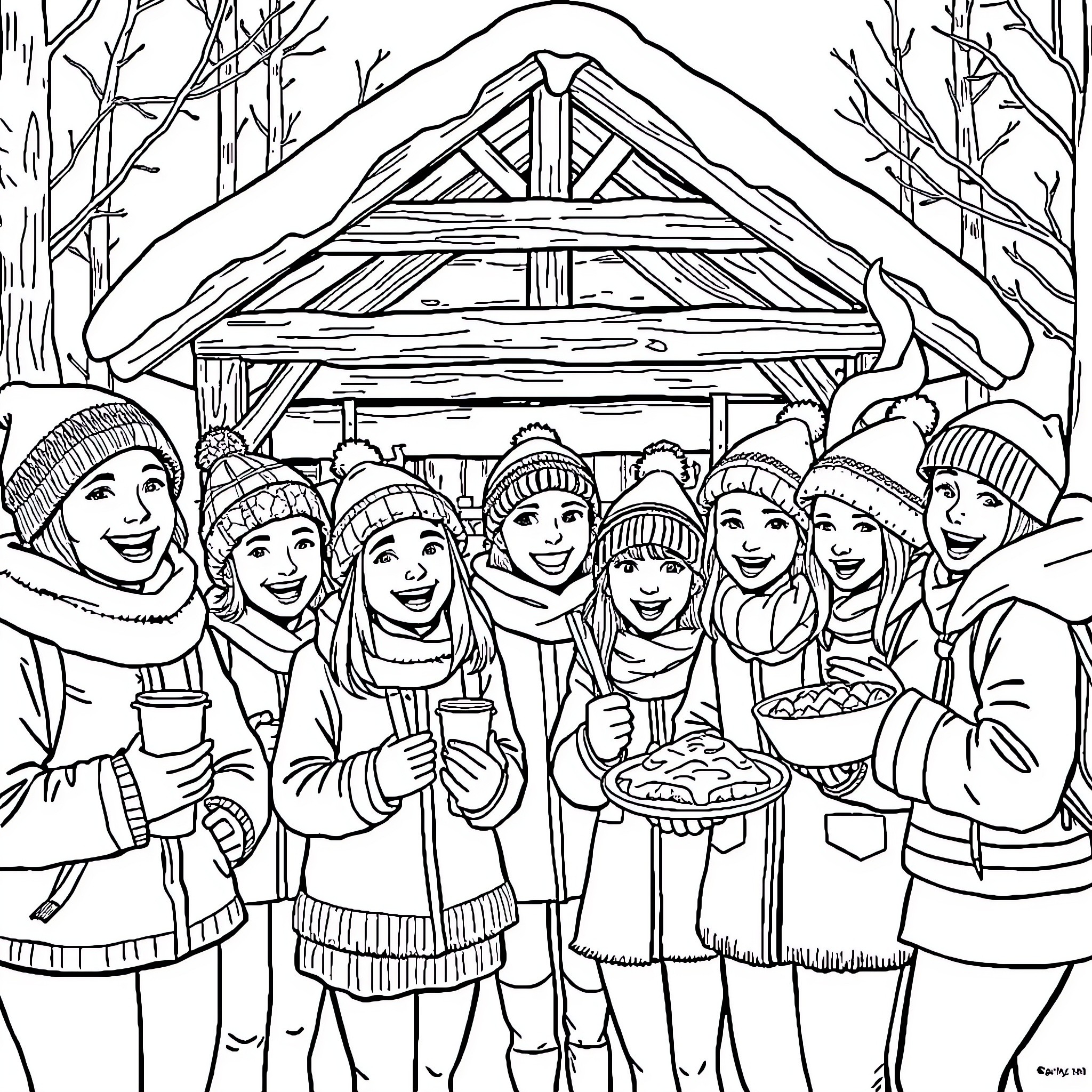 Students Enjoying Warm Drinks in Cozy Winter Retreat Coloring Page (free black-and-white line drawing printable PDF for all, from beginners to advanced learners, including children, teens, adults, and seniors)