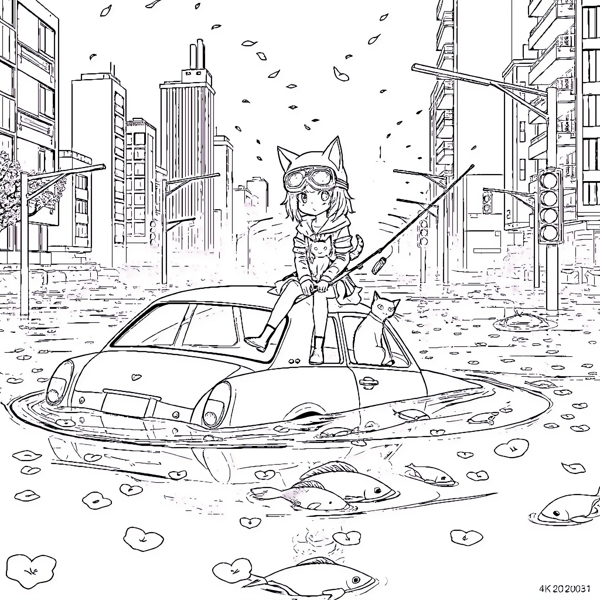 Girl in Futuristic City Exploring Flooded Street Coloring Page (free black-and-white line drawing printable PDF for all, from beginners to advanced learners, including children, teens, adults, and seniors)