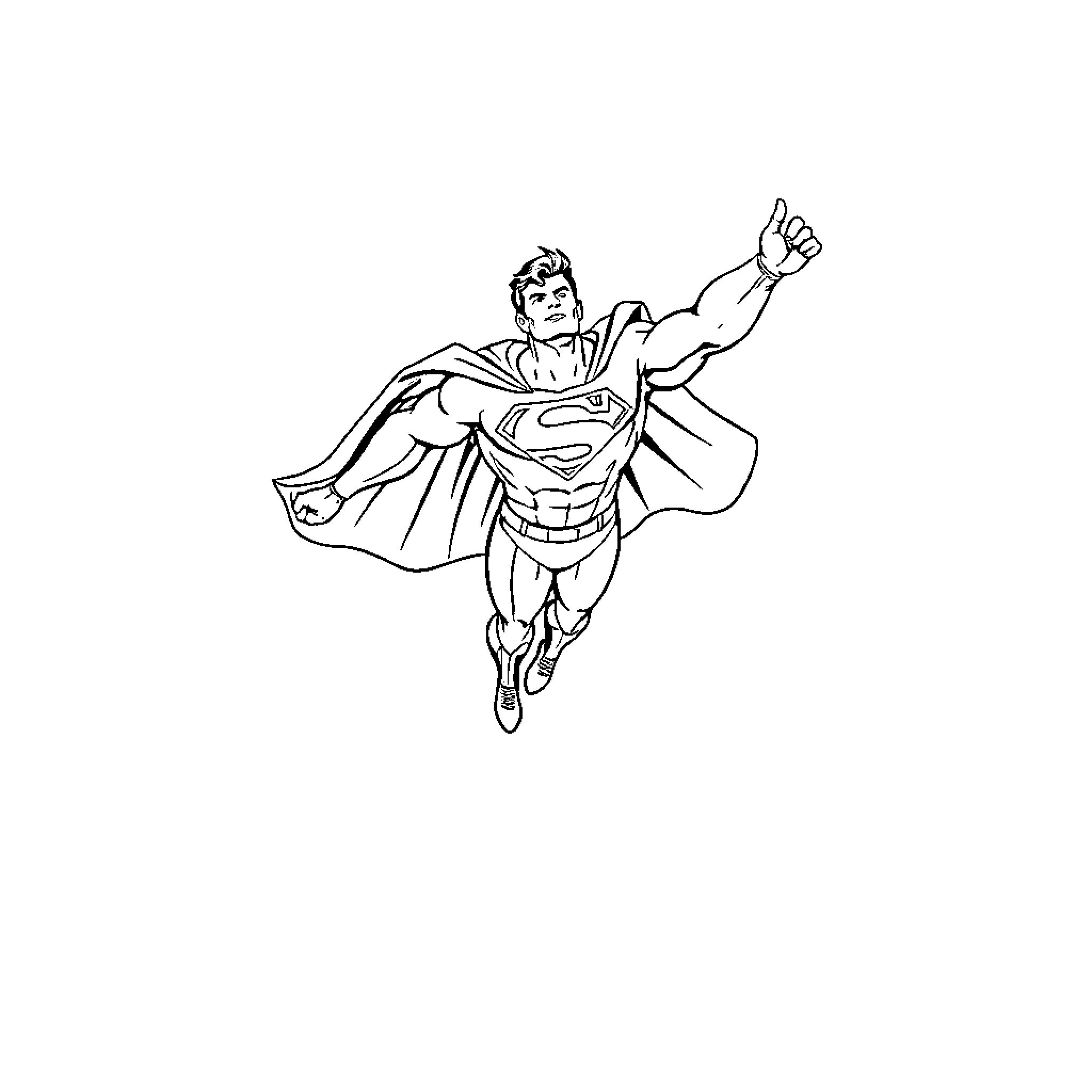 Superman heroically soaring through the skies Coloring Page (free black-and-white line drawing printable PDF for all, from beginners to advanced learners, including children, teens, adults, and seniors)