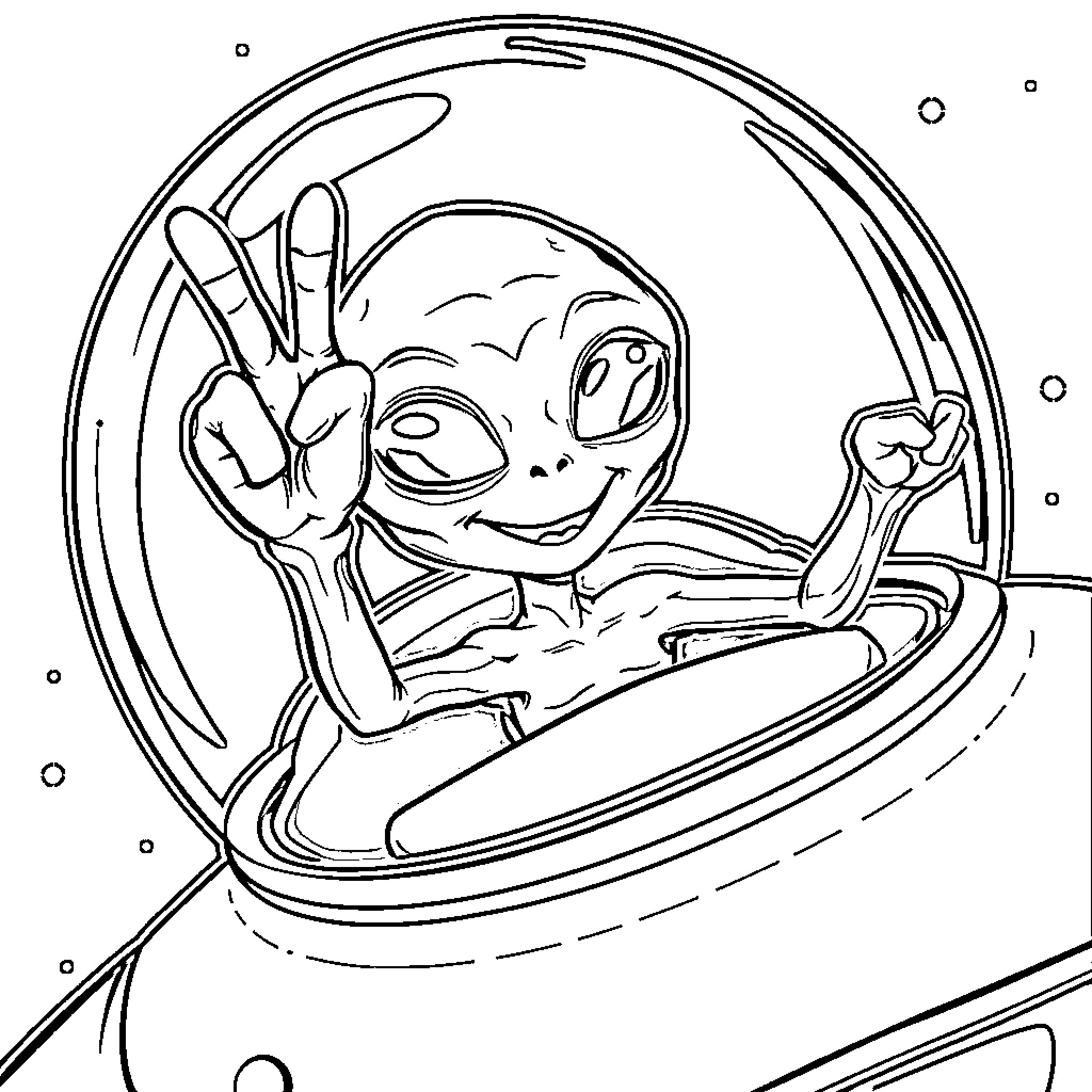 Alien Giving a Peace Sign in Space Coloring Page (free black-and-white line drawing printable PDF for all, from beginners to advanced learners, including children, teens, adults, and seniors)