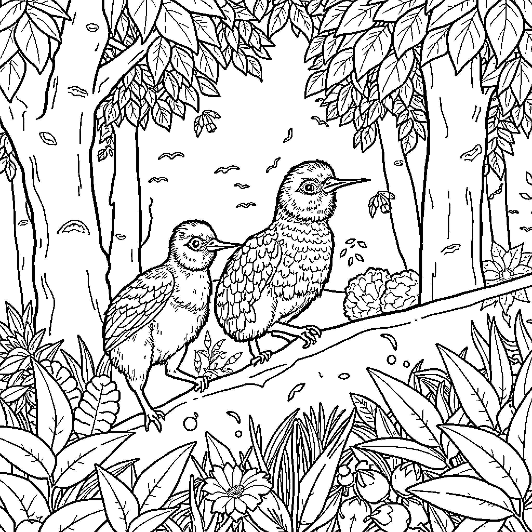 Frog Birds Resting on a Branch in Nature Coloring Page (free black-and-white line drawing printable PDF for all, from beginners to advanced learners, including children, teens, adults, and seniors)