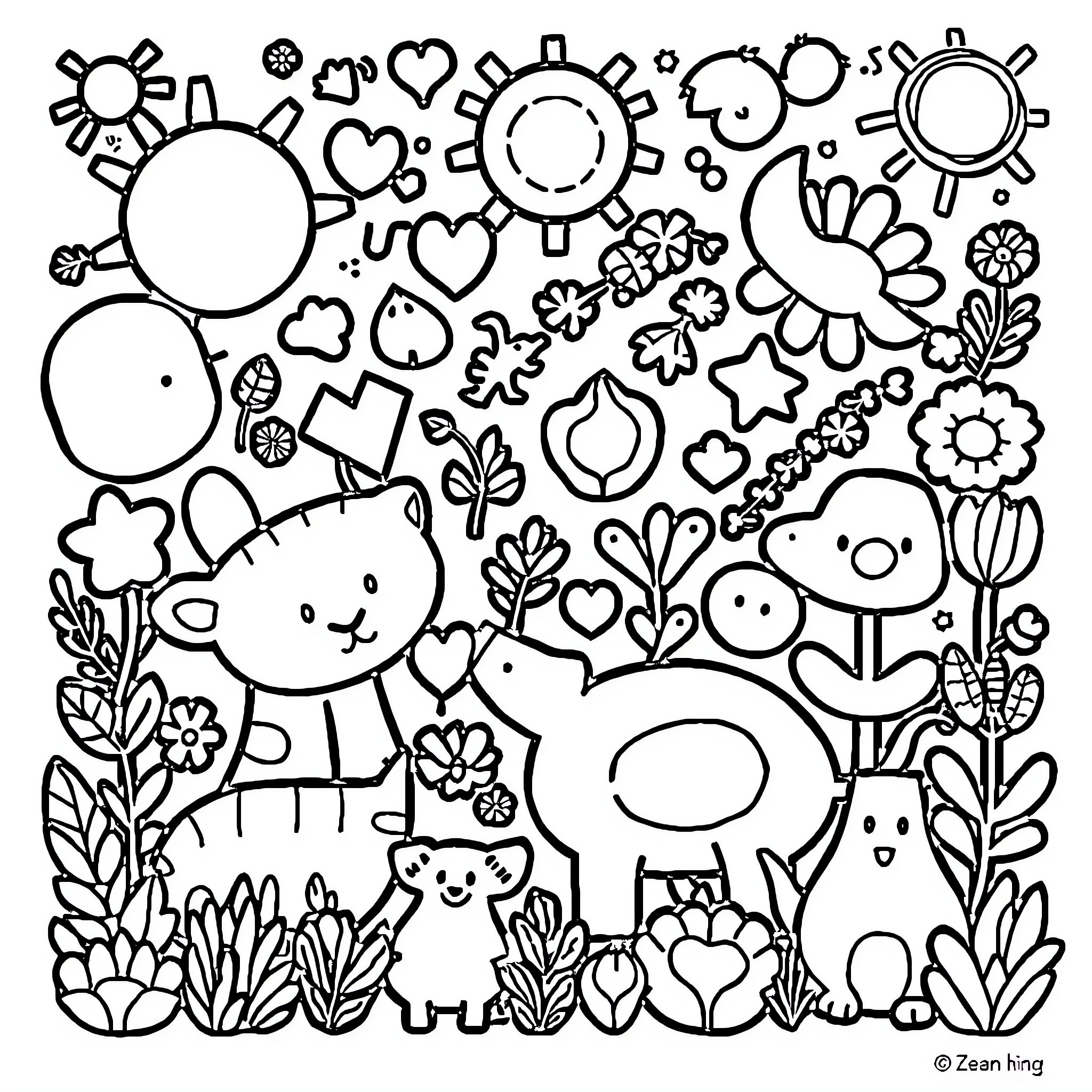 Playful animals and nature elements in a whimsical scene Coloring Page (free black-and-white line drawing printable PDF for all, from beginners to advanced learners, including children, teens, adults, and seniors)