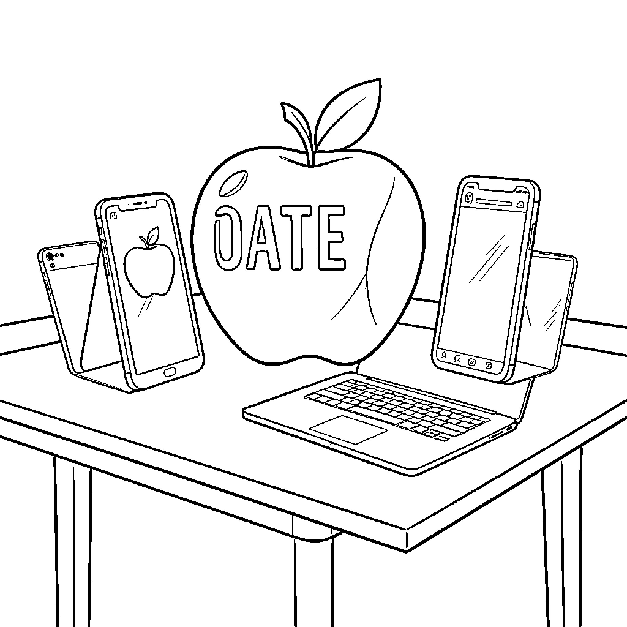 Apple-themed Tech Devices on a Desk Coloring Page (free black-and-white line drawing printable PDF for all, from beginners to advanced learners, including children, teens, adults, and seniors)