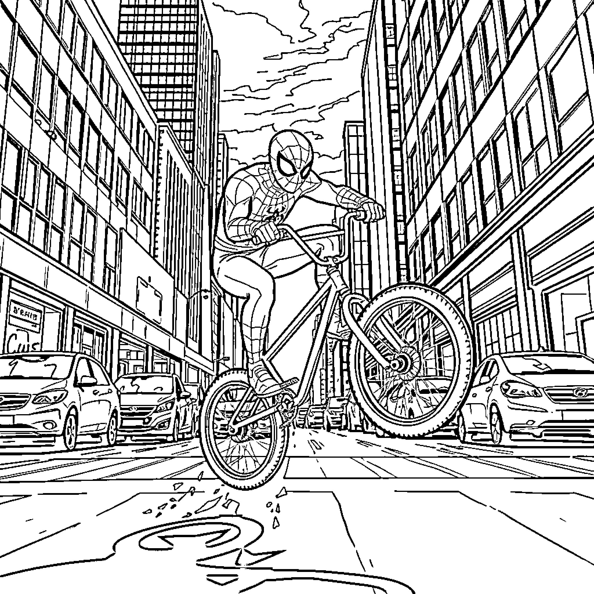 Spiderman riding a bicycle through a busy city street Coloring Page (free black-and-white line drawing printable PDF for all, from beginners to advanced learners, including children, teens, adults, and seniors)