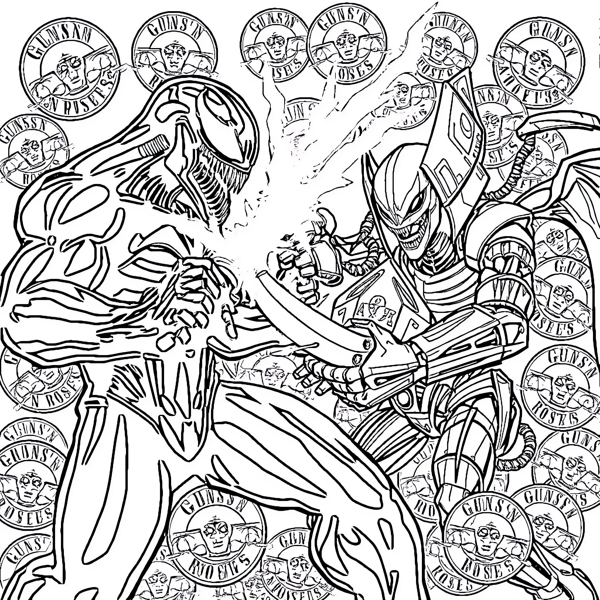 Venom's Violent Encounter with Symbiotic Rivals Coloring Page (free black-and-white line drawing printable PDF for all, from beginners to advanced learners, including children, teens, adults, and seniors)