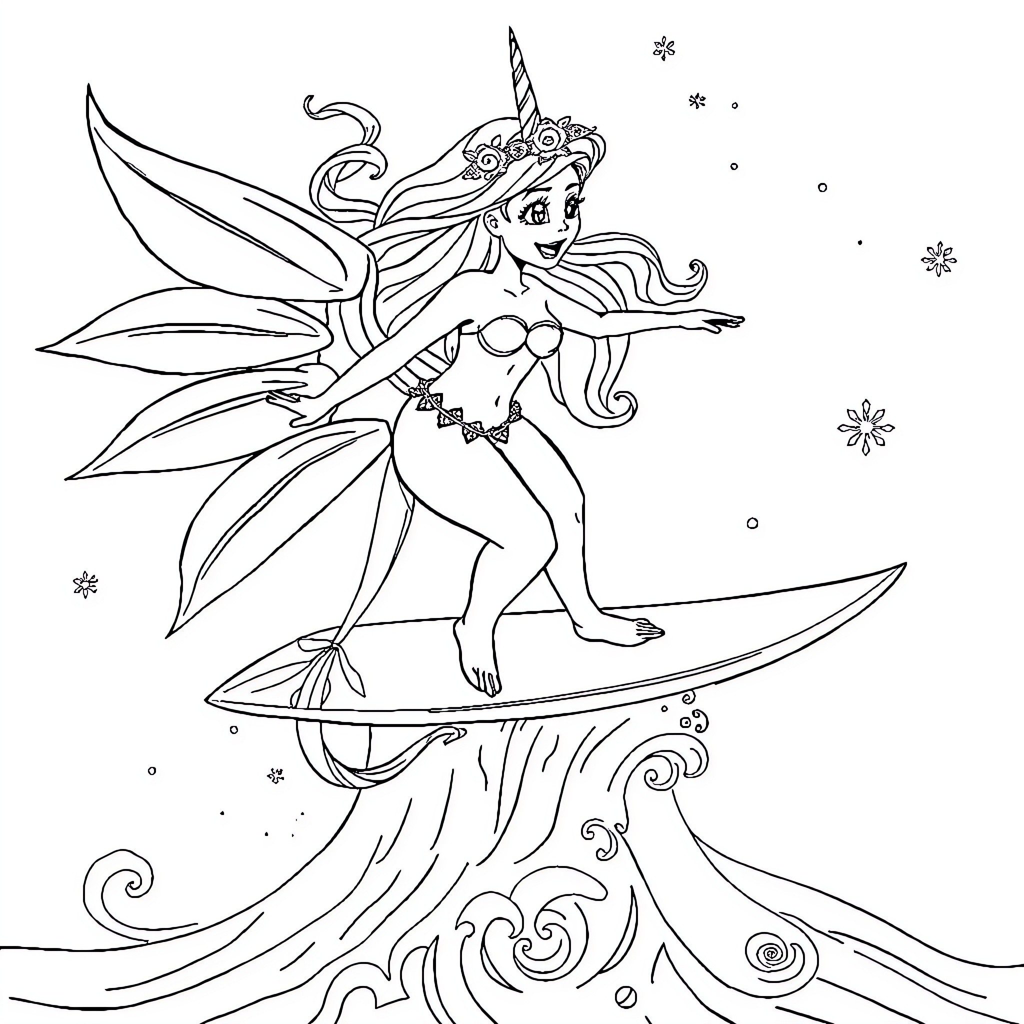 Vaiana surfing the waves with fairy wings Coloring Page (free black-and-white line drawing printable PDF for all, from beginners to advanced learners, including children, teens, adults, and seniors)