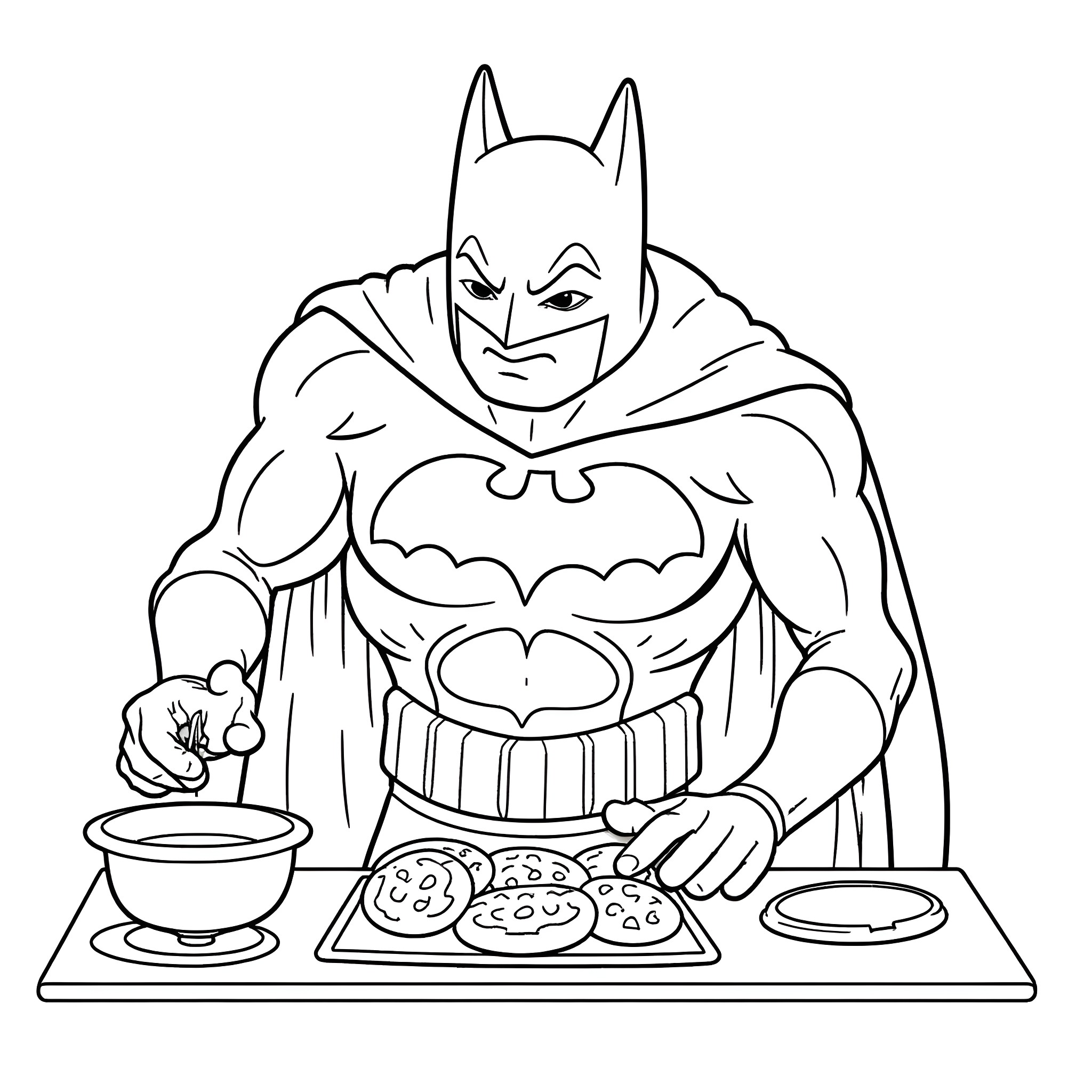 Batman enjoying a healthy snack Coloring Page (free black-and-white line drawing printable PDF for all, from beginners to advanced learners, including children, teens, adults, and seniors)