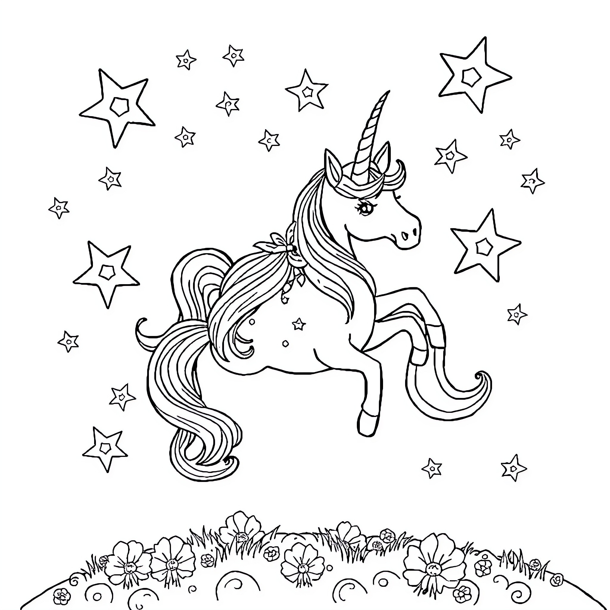 Unicorn Frolicking Amidst Starry Sky Coloring Page (free black-and-white line drawing printable PDF for all, from beginners to advanced learners, including children, teens, adults, and seniors)