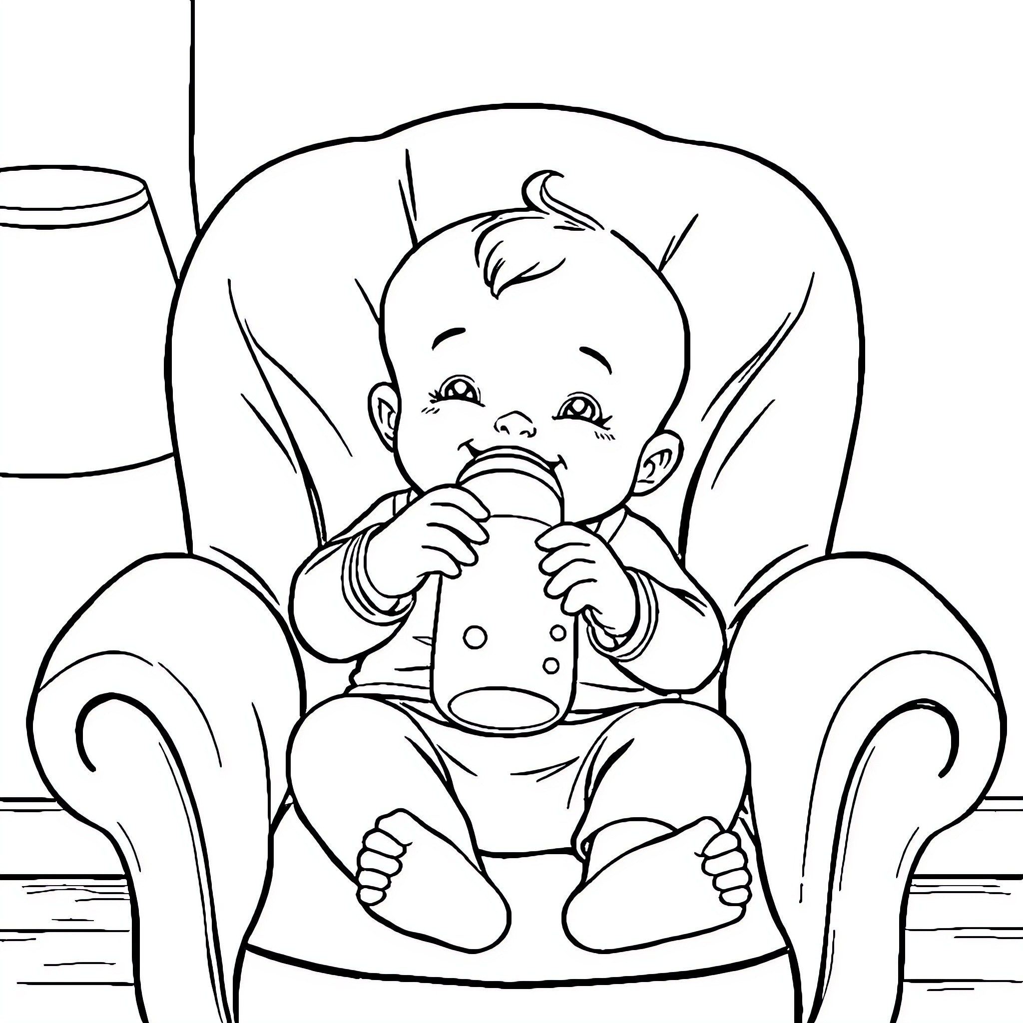 Baby sitting happily in rocking chair Coloring Page (free black-and-white line drawing printable PDF for all, from beginners to advanced learners, including children, teens, adults, and seniors)