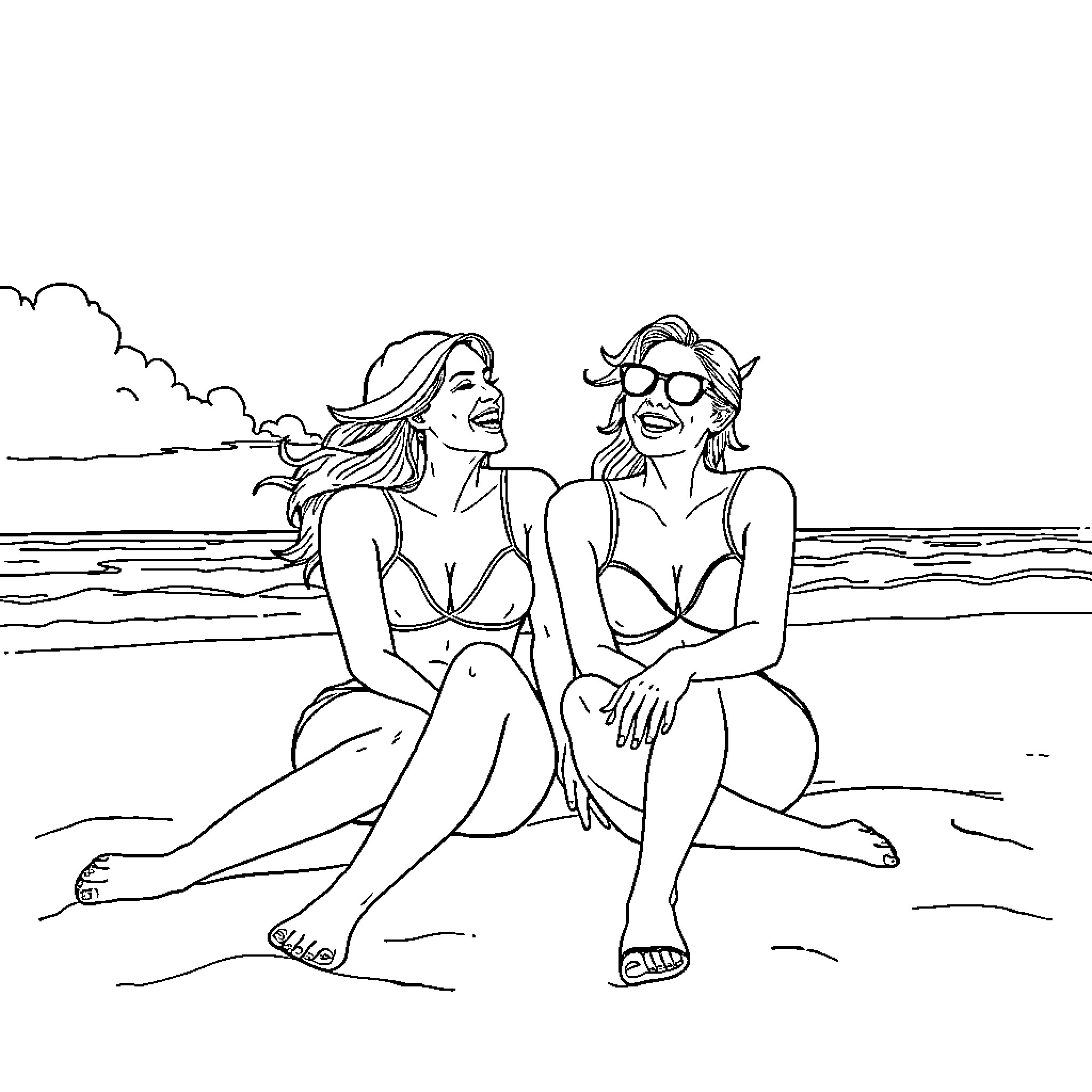 Lesbian couple enjoying a day at the beach Coloring Page (free black-and-white line drawing printable PDF for all, from beginners to advanced learners, including children, teens, adults, and seniors)