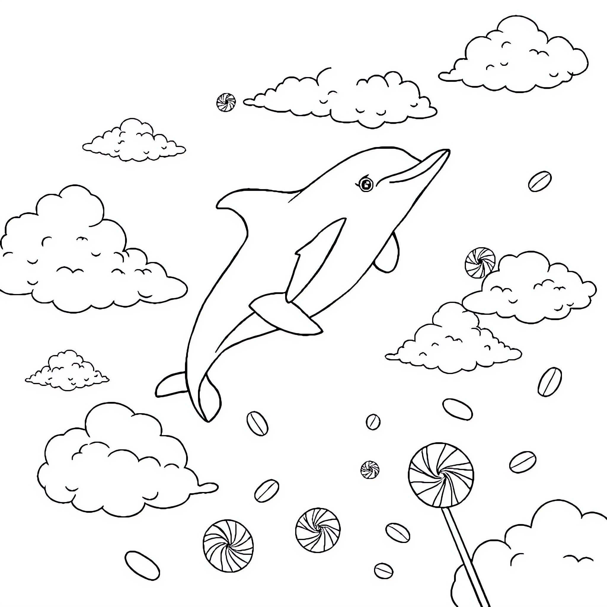 Dolphin swimming playfully in the clouds Coloring Page (free black-and-white line drawing printable PDF for all, from beginners to advanced learners, including children, teens, adults, and seniors)