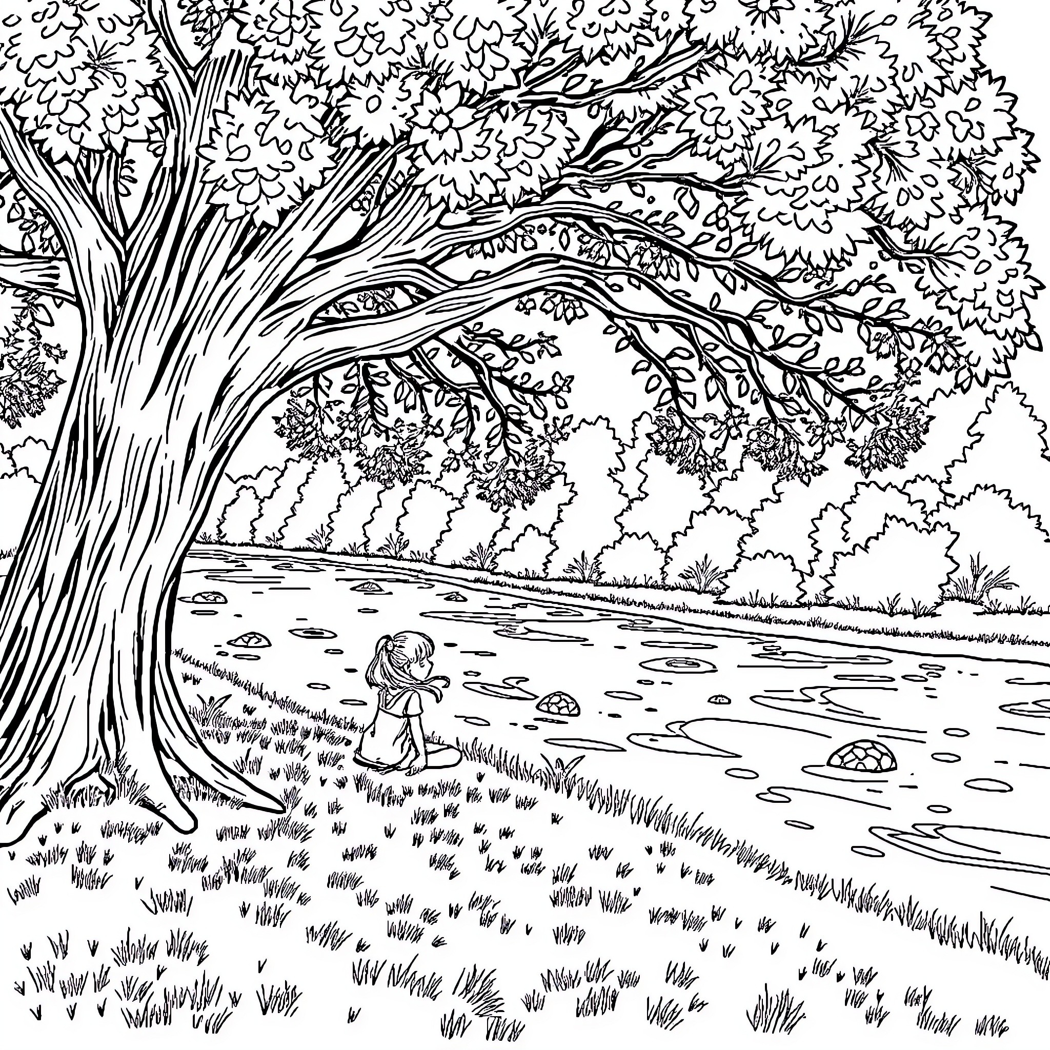 Girl enjoying peaceful nature scene by the lake Coloring Page (free black-and-white line drawing printable PDF for all, from beginners to advanced learners, including children, teens, adults, and seniors)