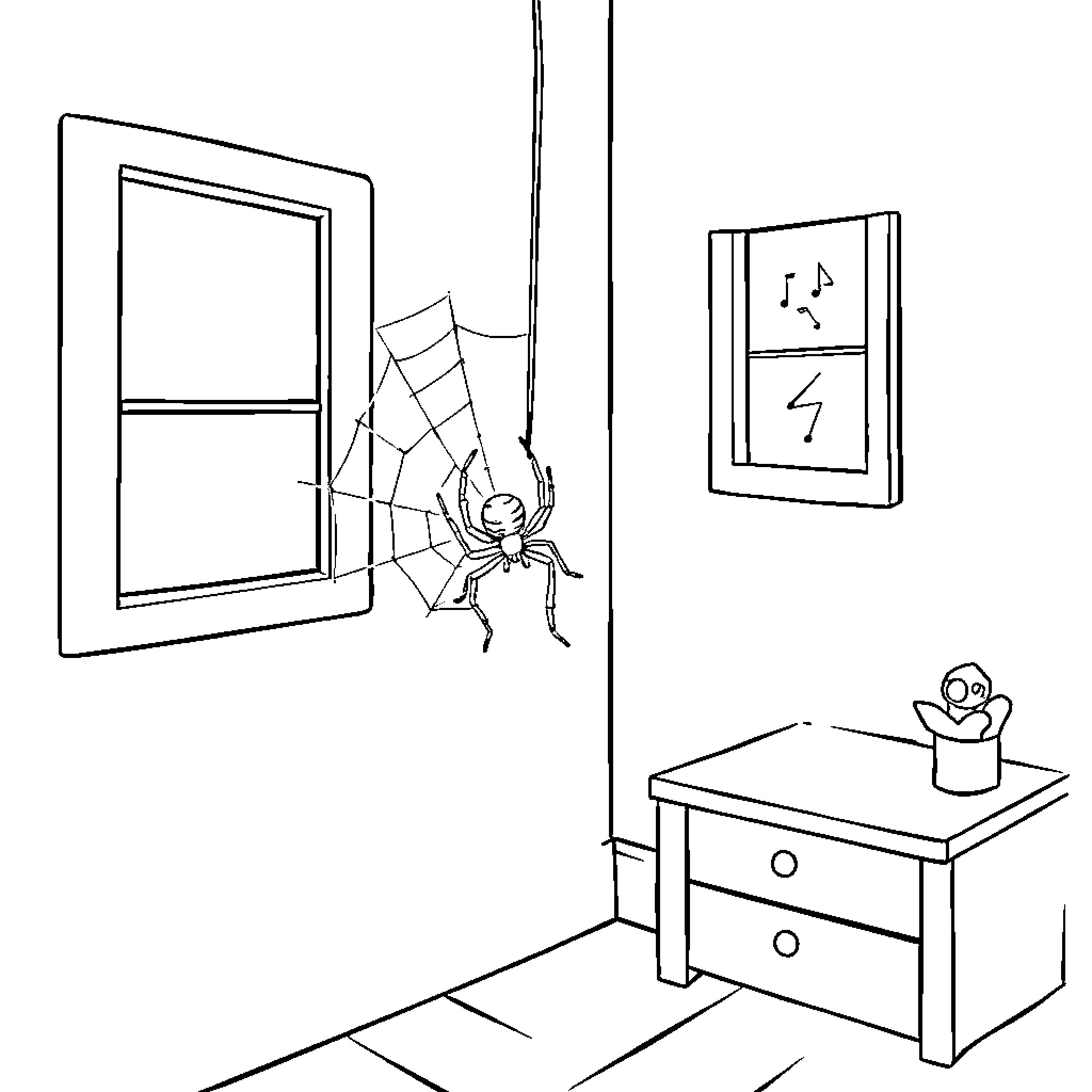 Spider building web in spooky room Coloring Page (free black-and-white line drawing printable PDF for all, from beginners to advanced learners, including children, teens, adults, and seniors)