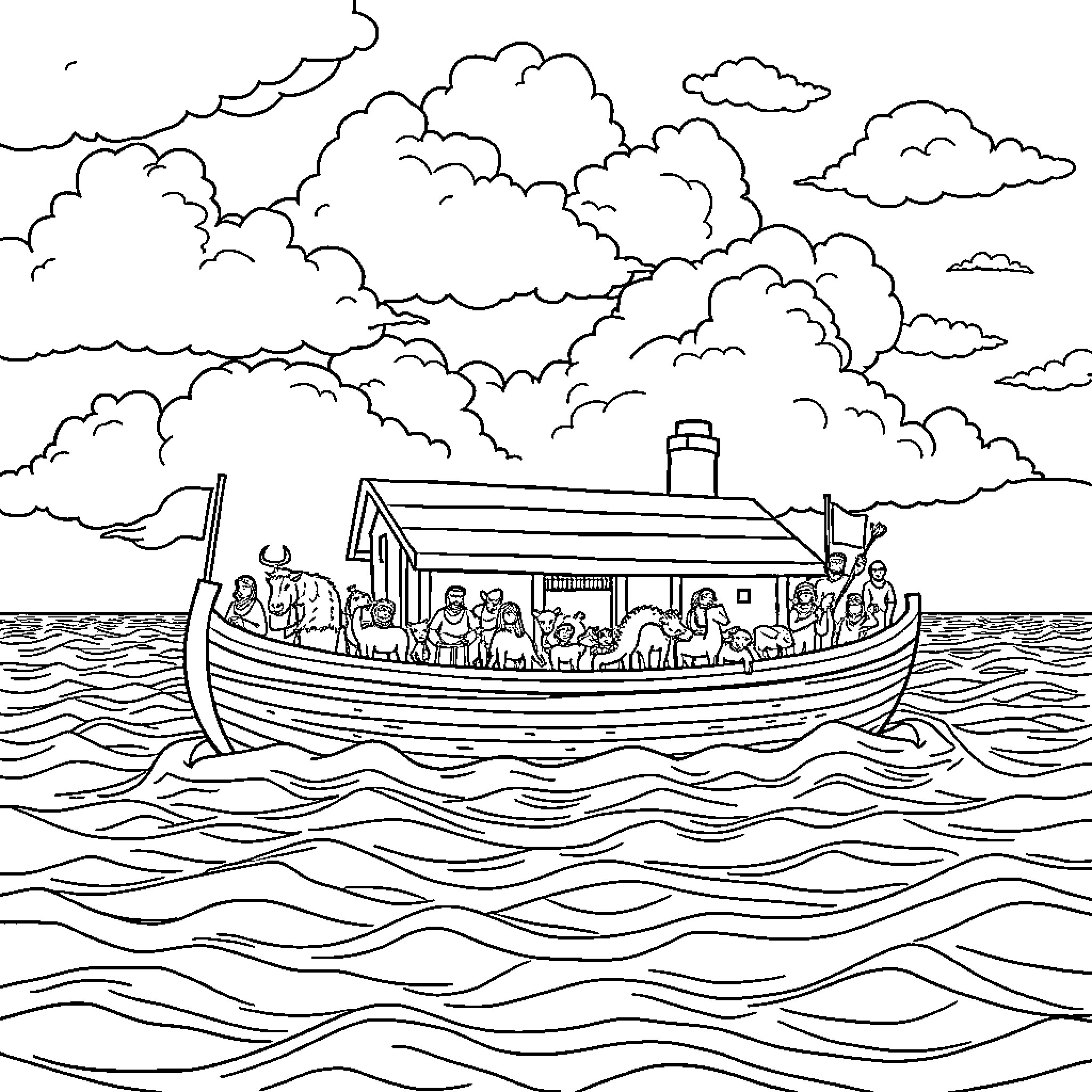 Noah's Ark with Animals and People at Sea Coloring Page (free black-and-white line drawing printable PDF for all, from beginners to advanced learners, including children, teens, adults, and seniors)