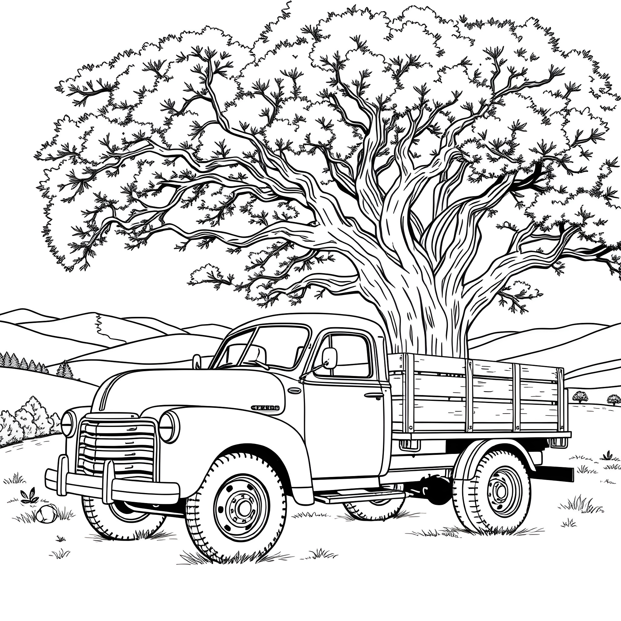 Truck transporting goods under a large tree Coloring Page (free black-and-white line drawing printable PDF for all, from beginners to advanced learners, including children, teens, adults, and seniors)