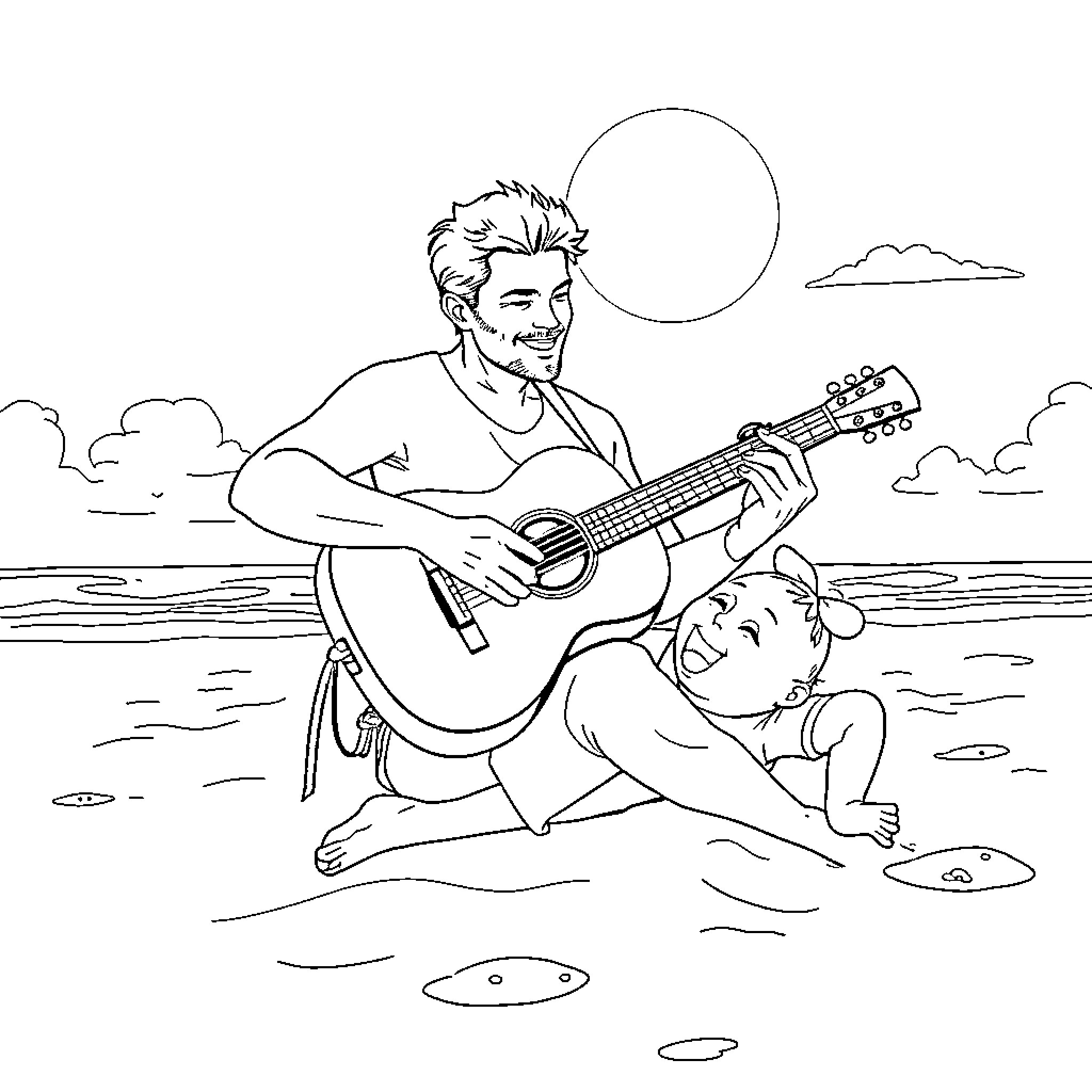 Guy playing guitar for a child by the lake Coloring Page (free black-and-white line drawing printable PDF for all, from beginners to advanced learners, including children, teens, adults, and seniors)