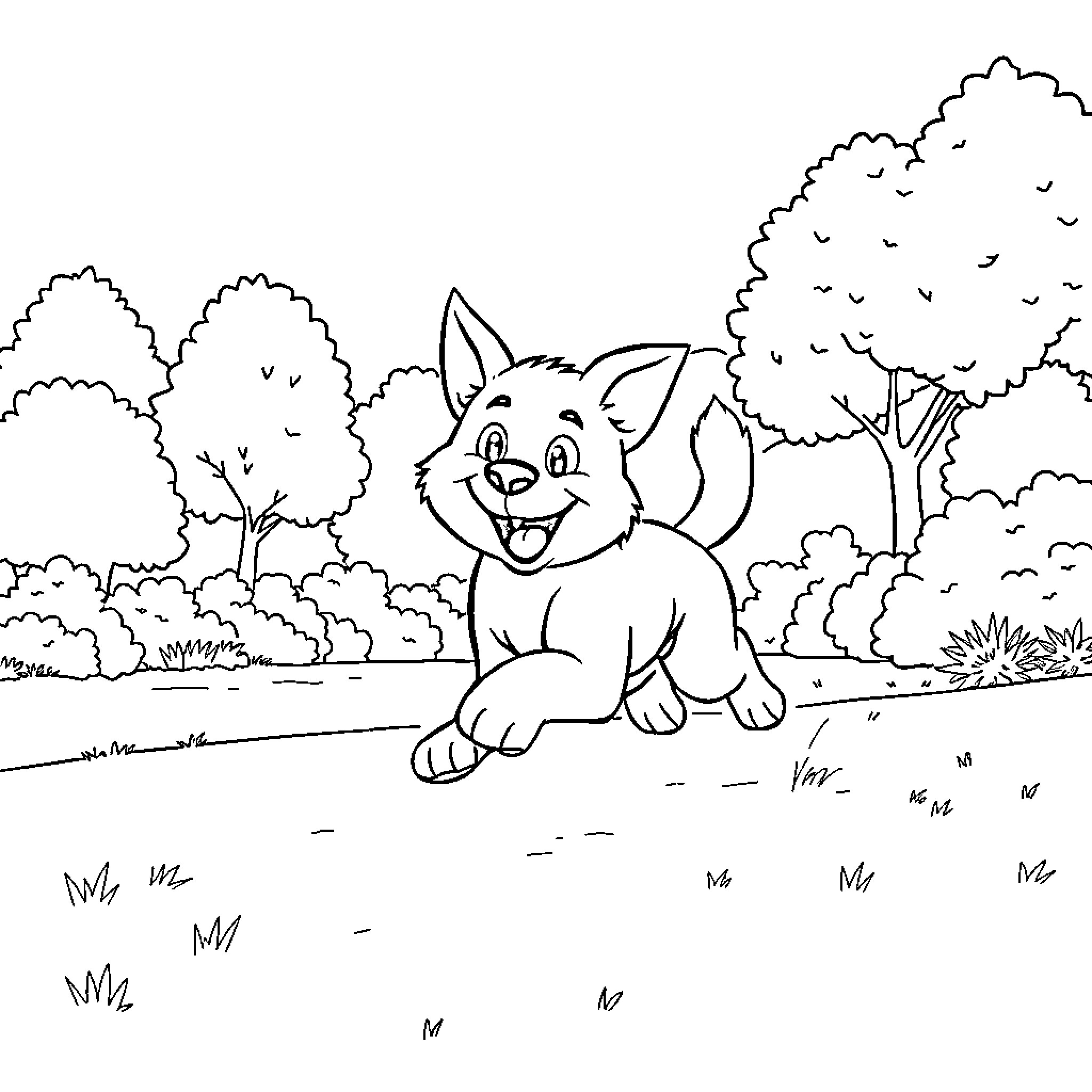 Bluey playing happily in the forest Coloring Page (free black-and-white line drawing printable PDF for all, from beginners to advanced learners, including children, teens, adults, and seniors)