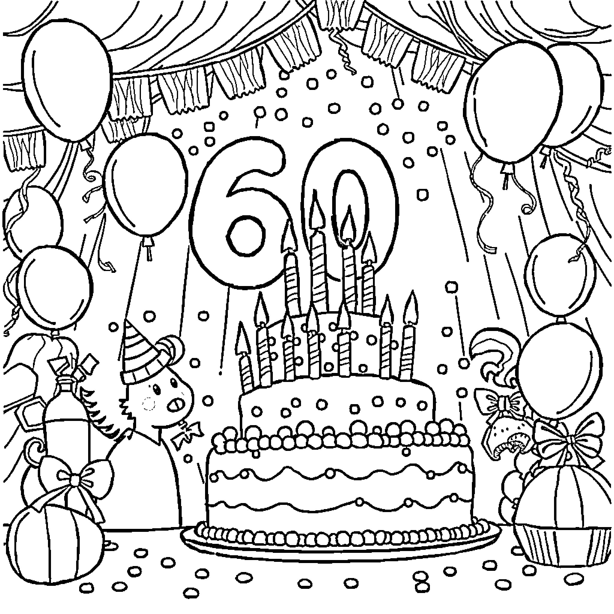 Birthday celebration with cake and balloons Coloring Page (free black-and-white line drawing printable PDF for all, from beginners to advanced learners, including children, teens, adults, and seniors)