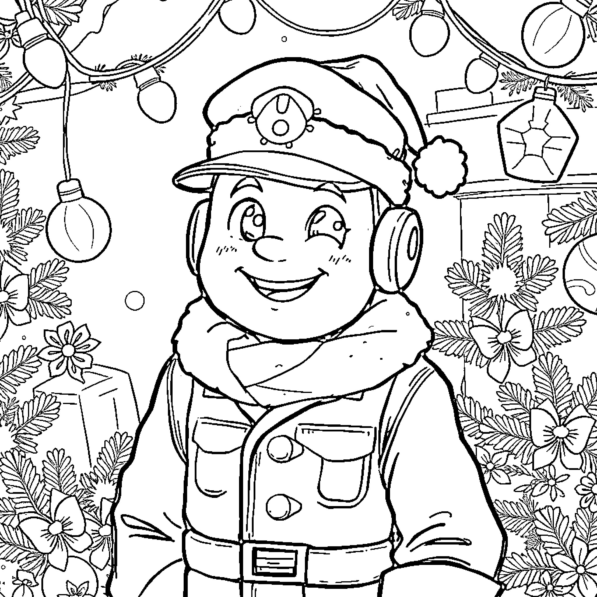 Among Us Crewmate in festive holiday attire Coloring Page (free black-and-white line drawing printable PDF for all, from beginners to advanced learners, including children, teens, adults, and seniors)