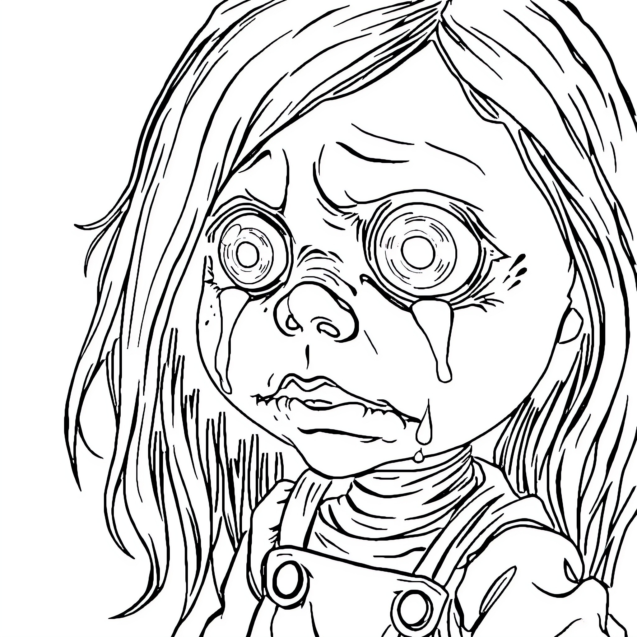 Doll with Disturbing Expression Coloring Page (free black-and-white line drawing printable PDF for all, from beginners to advanced learners, including children, teens, adults, and seniors)