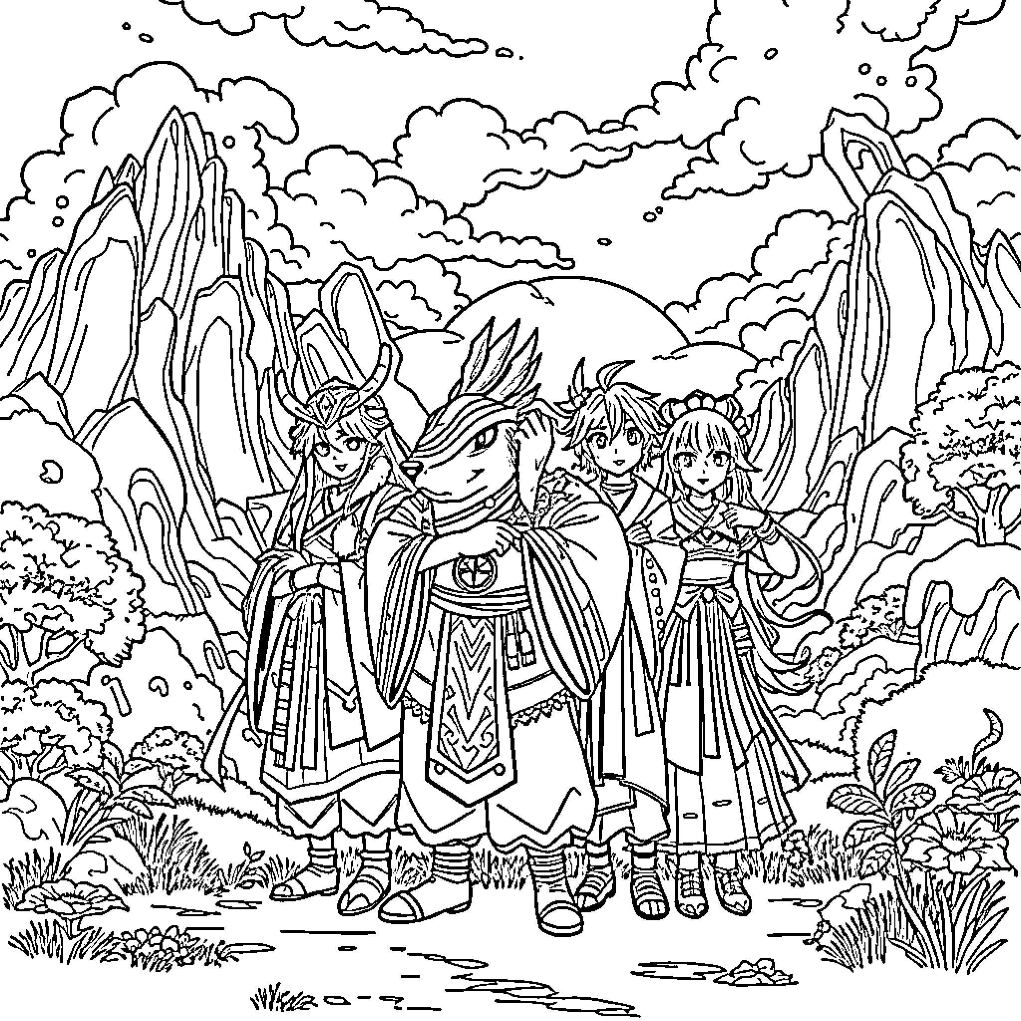 Genshin Characters Exploring the Scenic Landscape Coloring Page (free black-and-white line drawing printable PDF for all, from beginners to advanced learners, including children, teens, adults, and seniors)