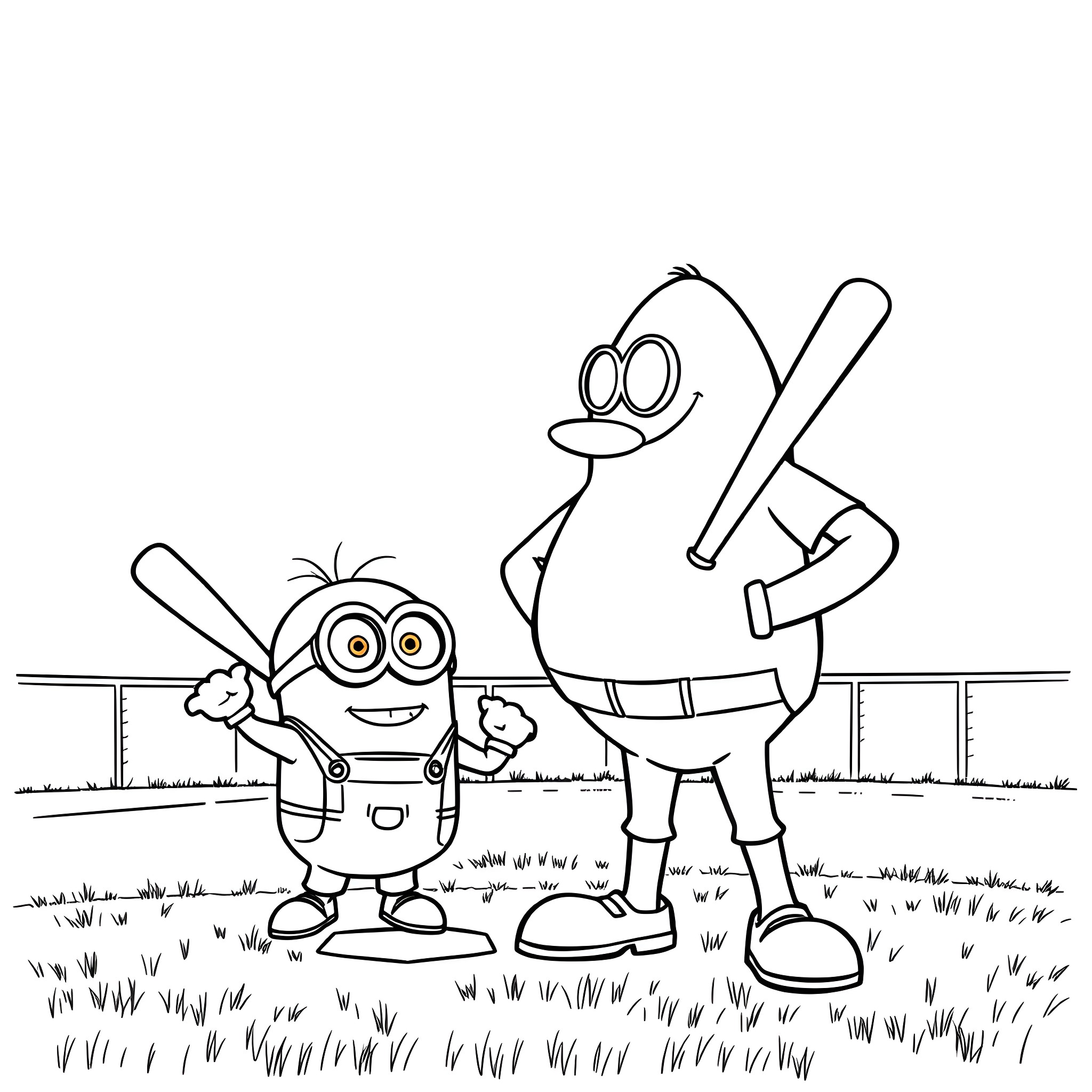 Dr. Eggman's Minions Playing Baseball on the Field Coloring Page (free black-and-white line drawing printable PDF for all, from beginners to advanced learners, including children, teens, adults, and seniors)