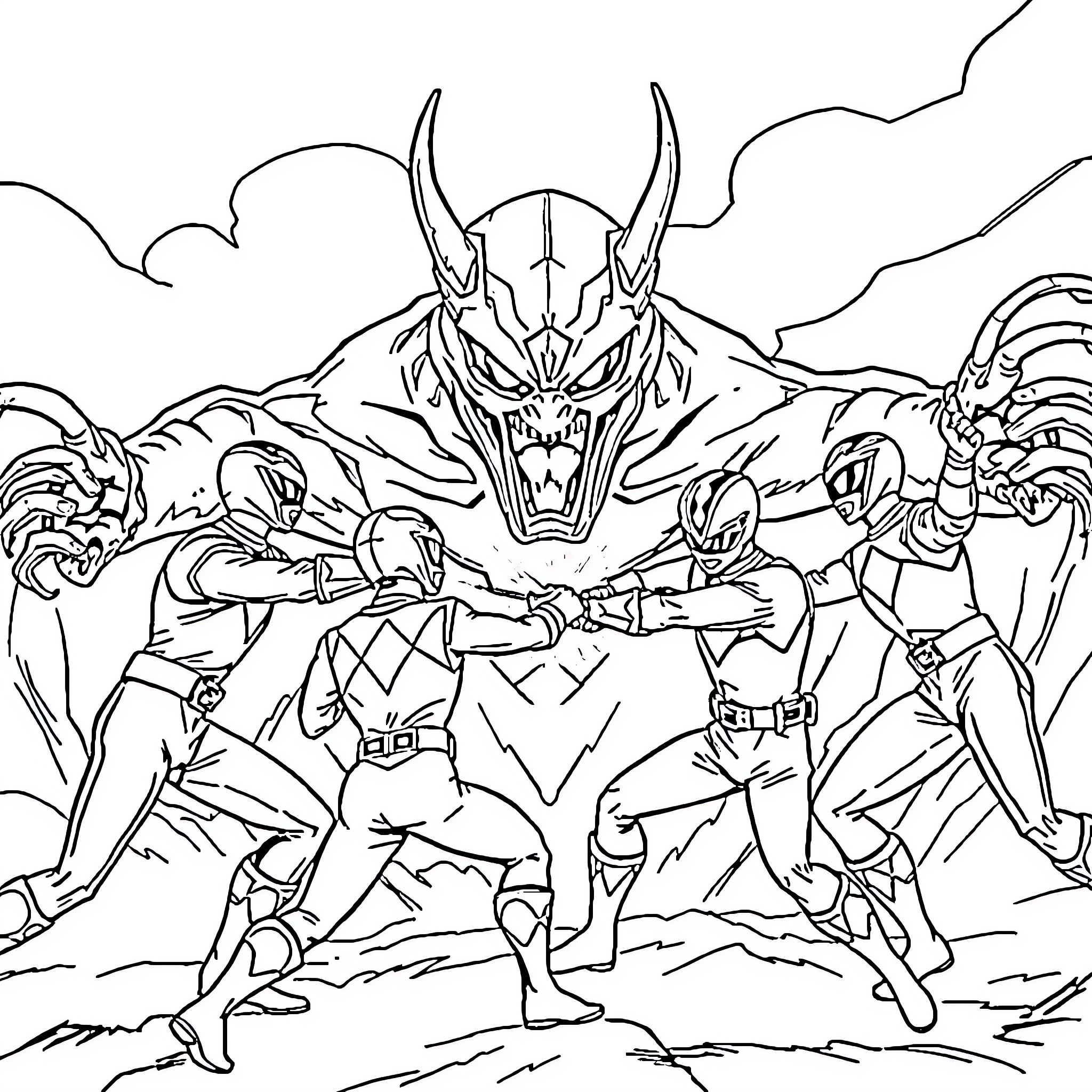 Power Rangers Battling Fierce Monster in Dramatic Scene Coloring Page (free black-and-white line drawing printable PDF for all, from beginners to advanced learners, including children, teens, adults, and seniors)