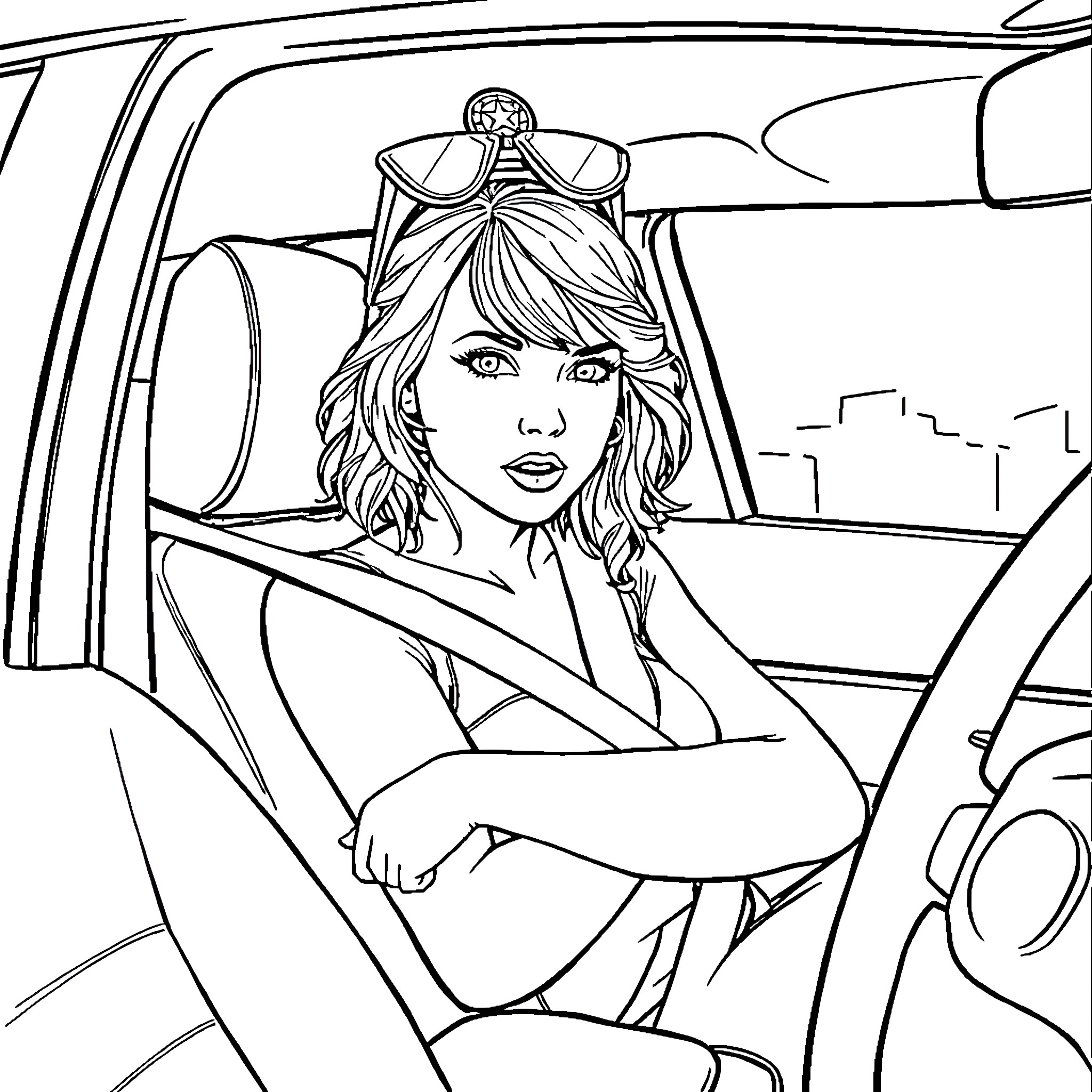 Taylor Swift driving in a stylish car Coloring Page (free black-and-white line drawing printable PDF for all, from beginners to advanced learners, including children, teens, adults, and seniors)