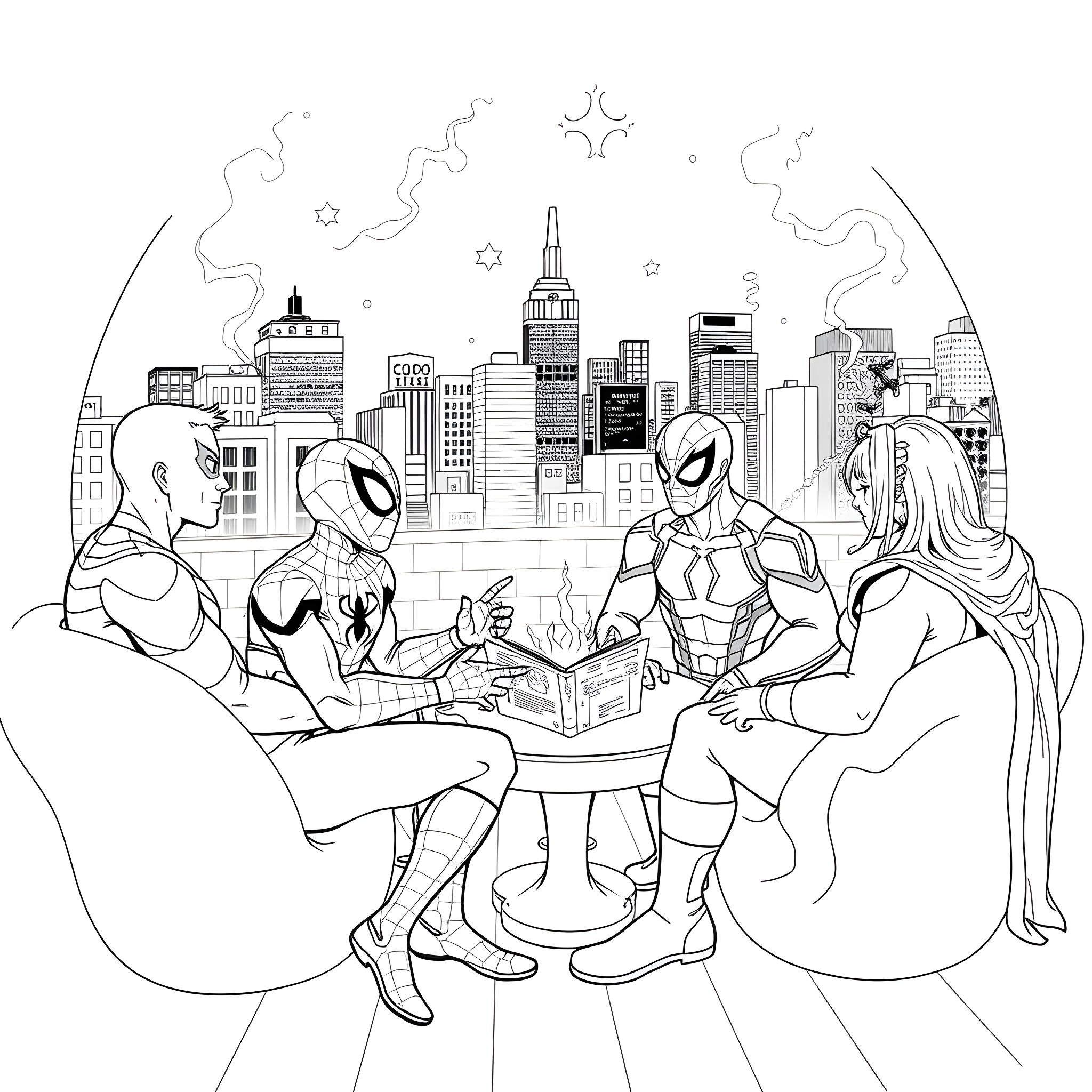 Spider-Man and friends exploring the city skyline Coloring Page (free black-and-white line drawing printable PDF for all, from beginners to advanced learners, including children, teens, adults, and seniors)