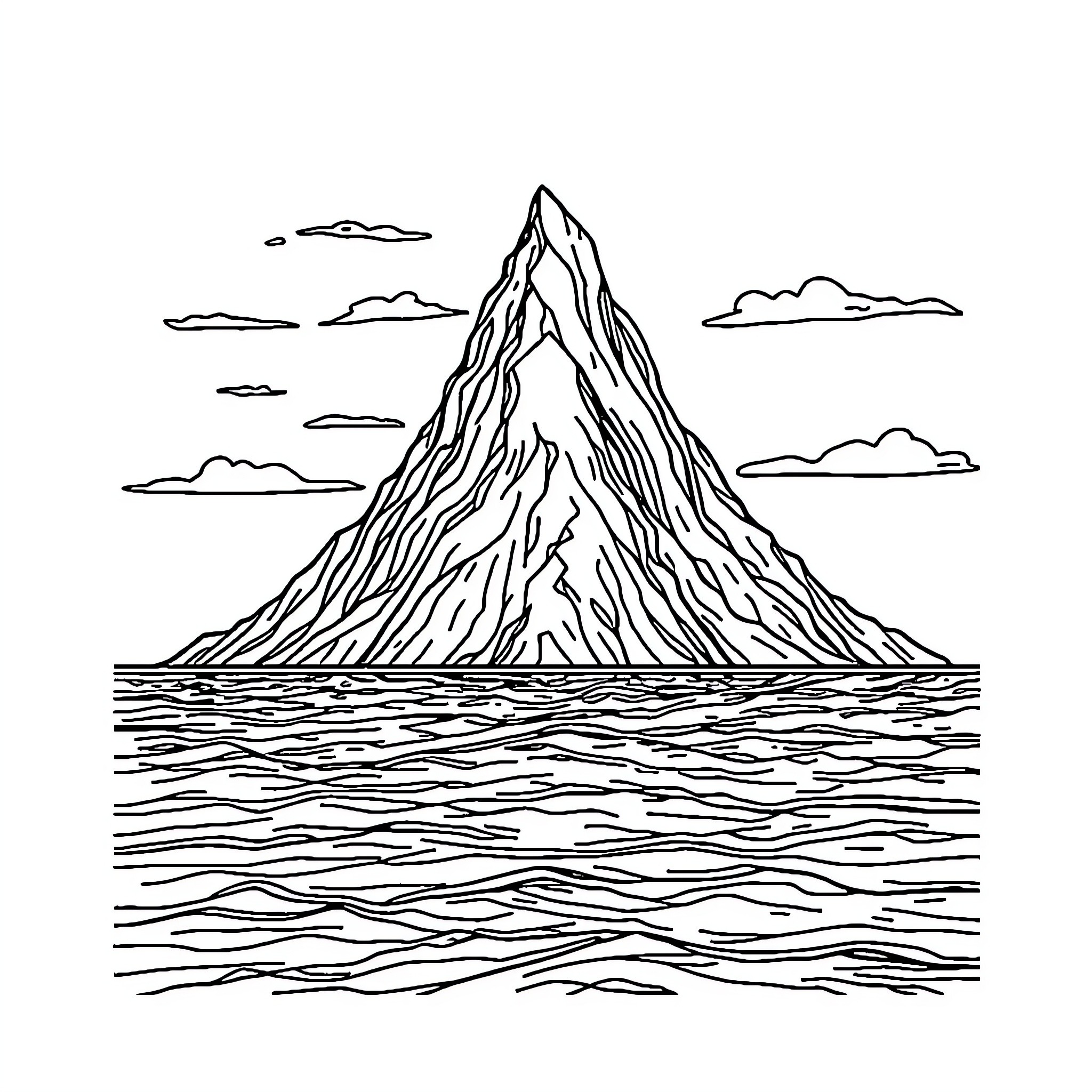 Mountain Rising Above Serene Waters Coloring Page (free black-and-white line drawing printable PDF for all, from beginners to advanced learners, including children, teens, adults, and seniors)