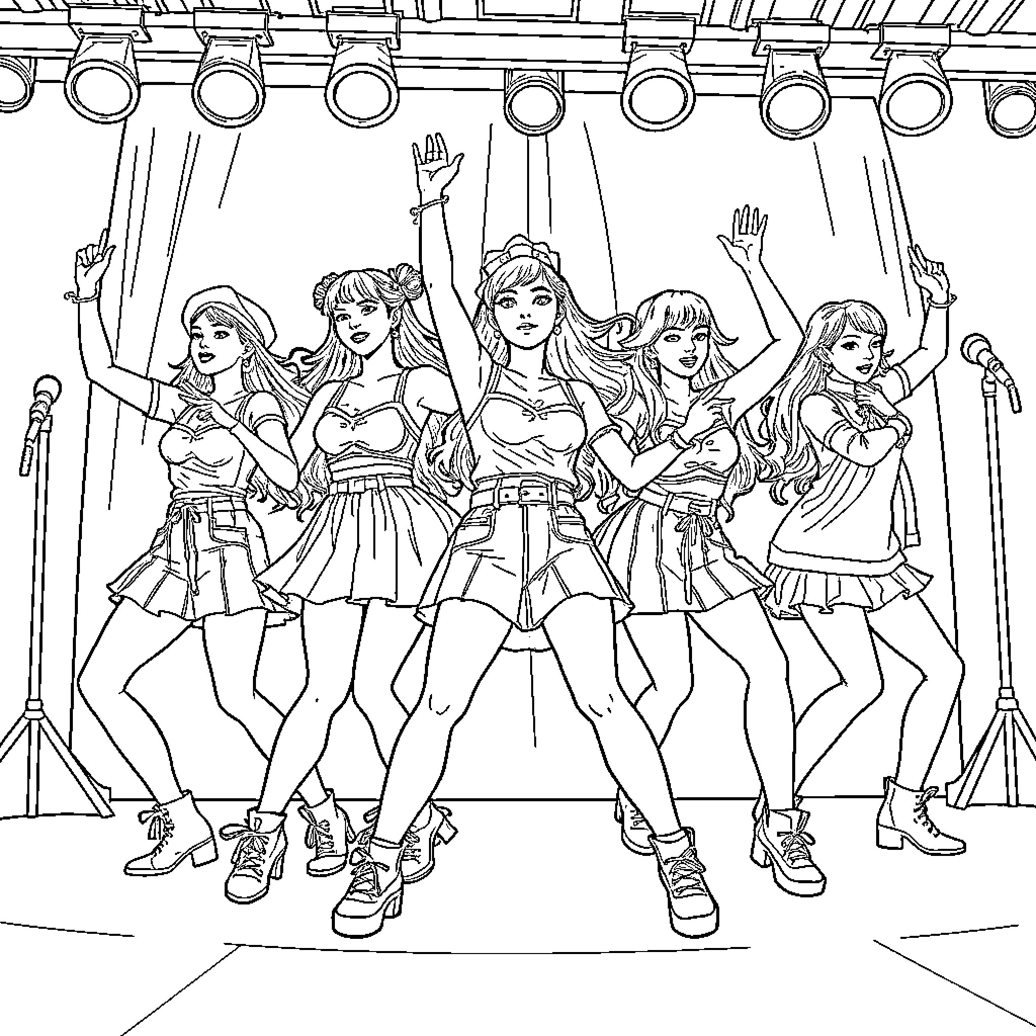 K Pop Warrior Group Performing on Stage Coloring Page (free black-and-white line drawing printable PDF for all, from beginners to advanced learners, including children, teens, adults, and seniors)