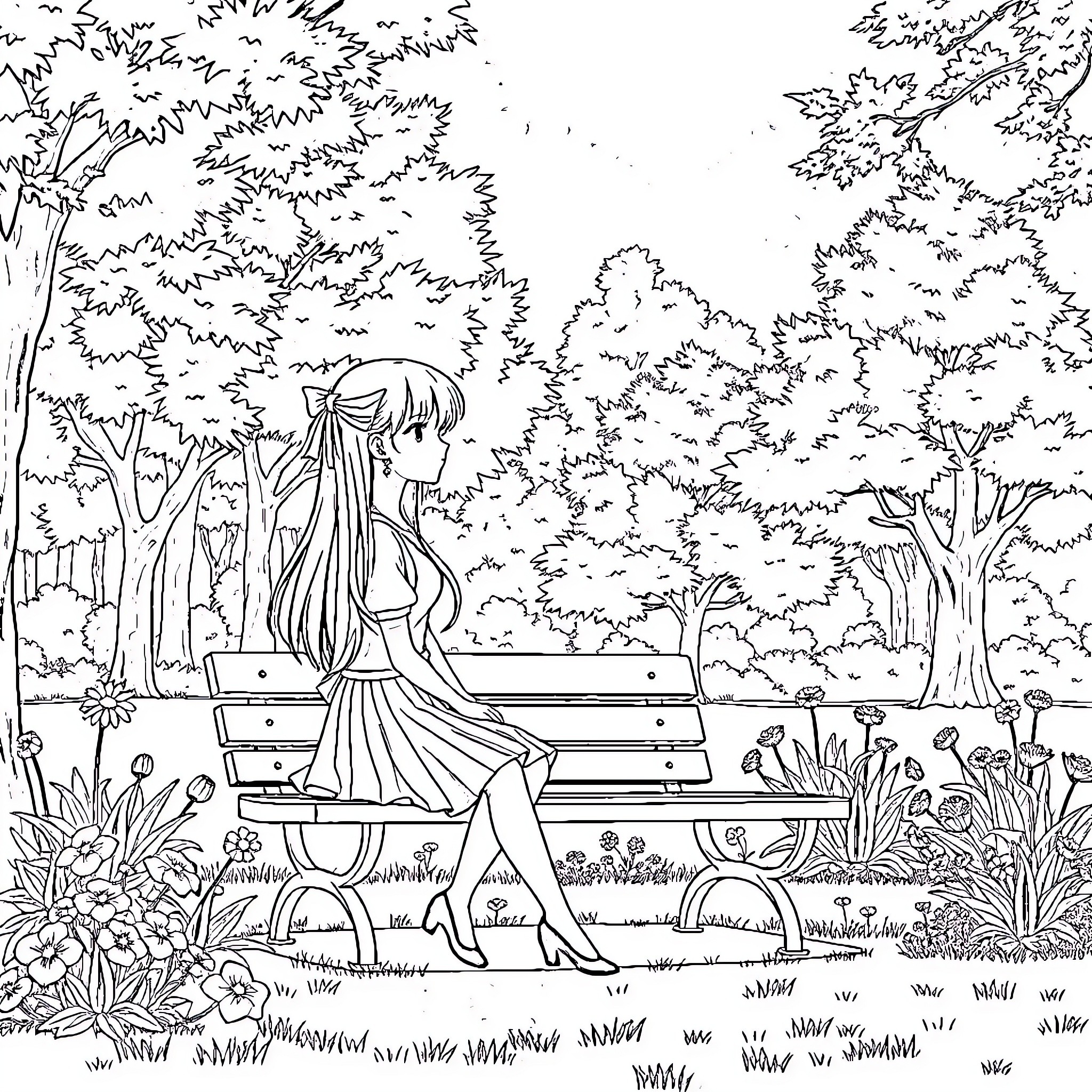 Anime Girl Sitting Alone on a Park Bench Coloring Page (free black-and-white line drawing printable PDF for all, from beginners to advanced learners, including children, teens, adults, and seniors)