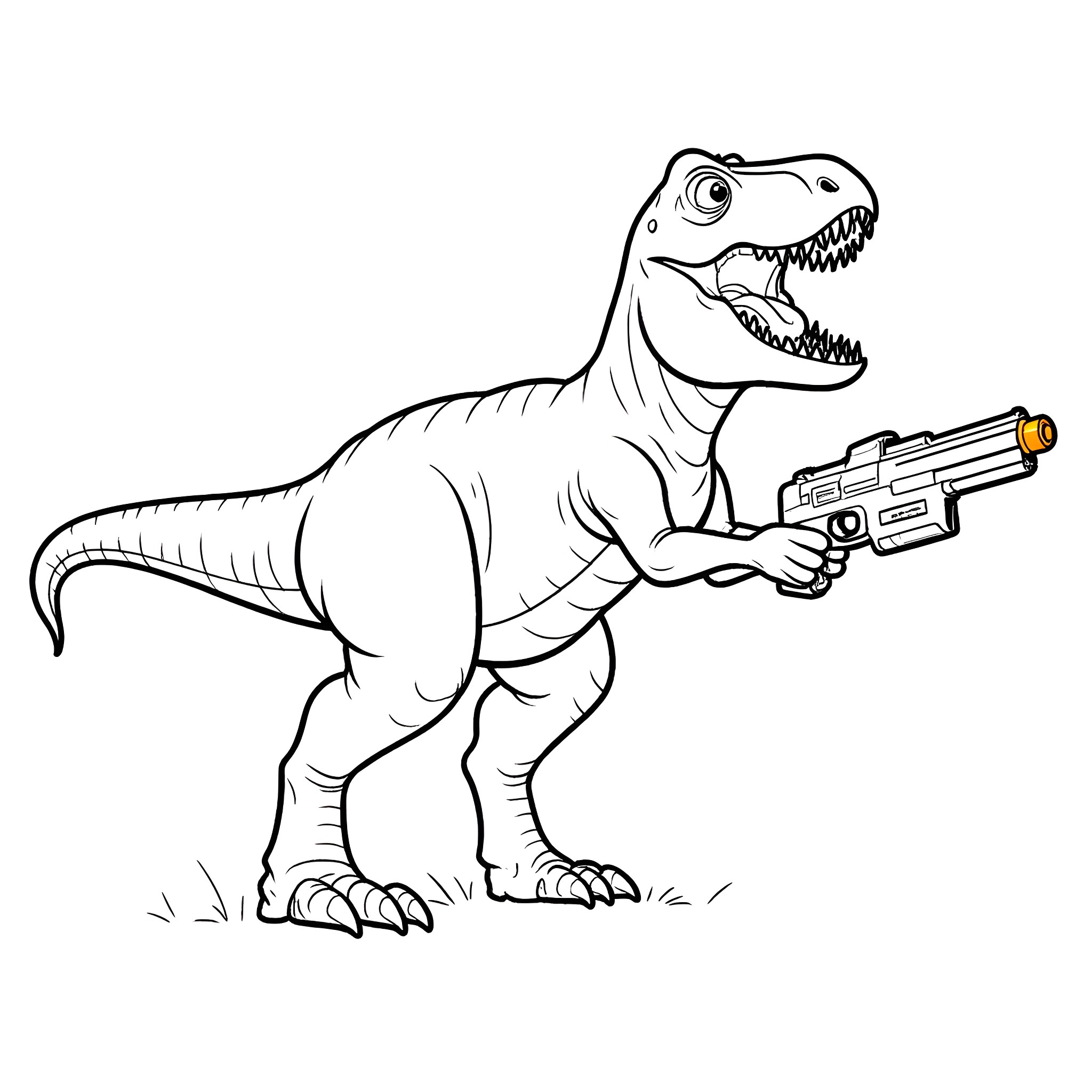 Tyrannosaurus Rex wielding a blaster gun Coloring Page (free black-and-white line drawing printable PDF for all, from beginners to advanced learners, including children, teens, adults, and seniors)
