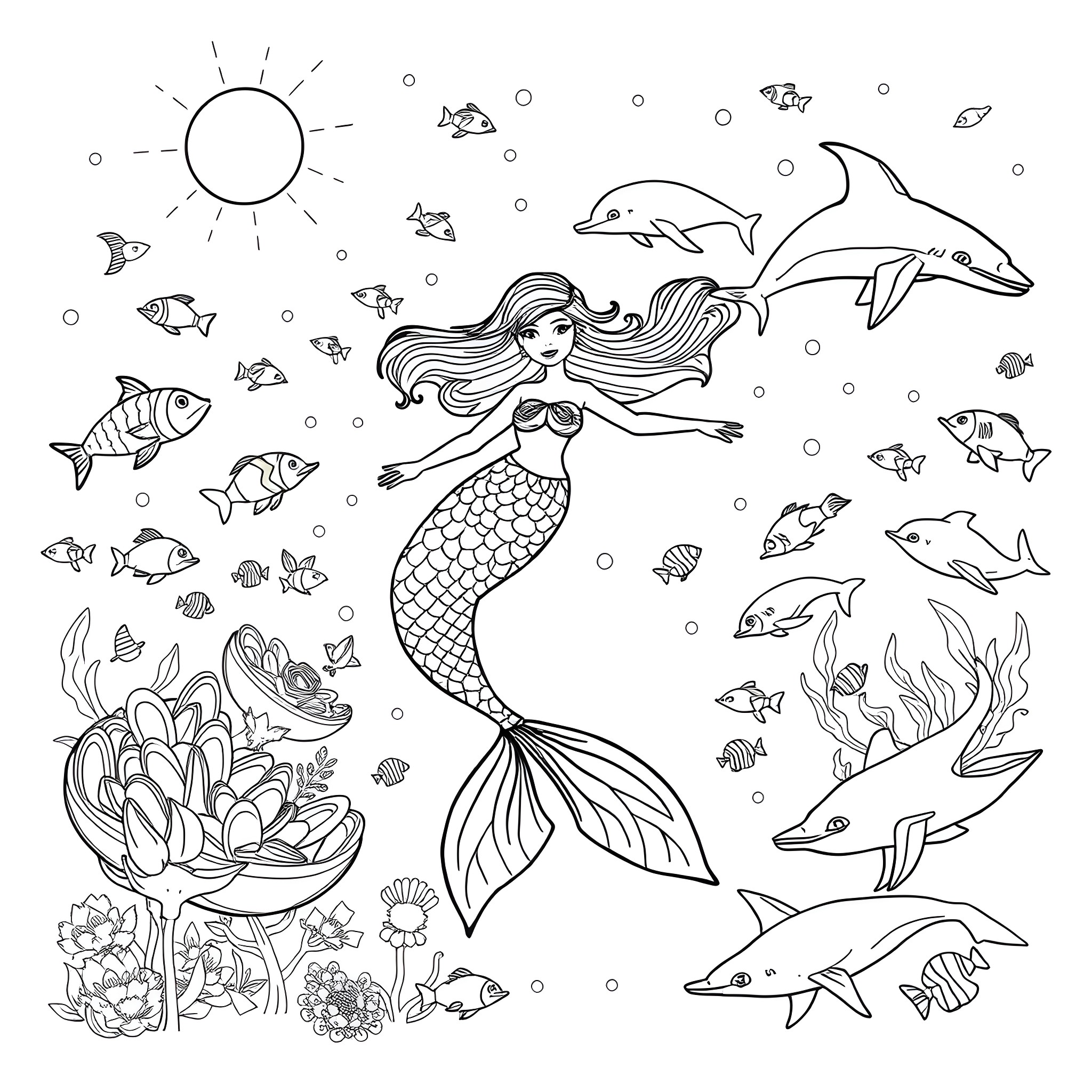Mermaid swimming with marine creatures in the sea Coloring Page (free black-and-white line drawing printable PDF for all, from beginners to advanced learners, including children, teens, adults, and seniors)