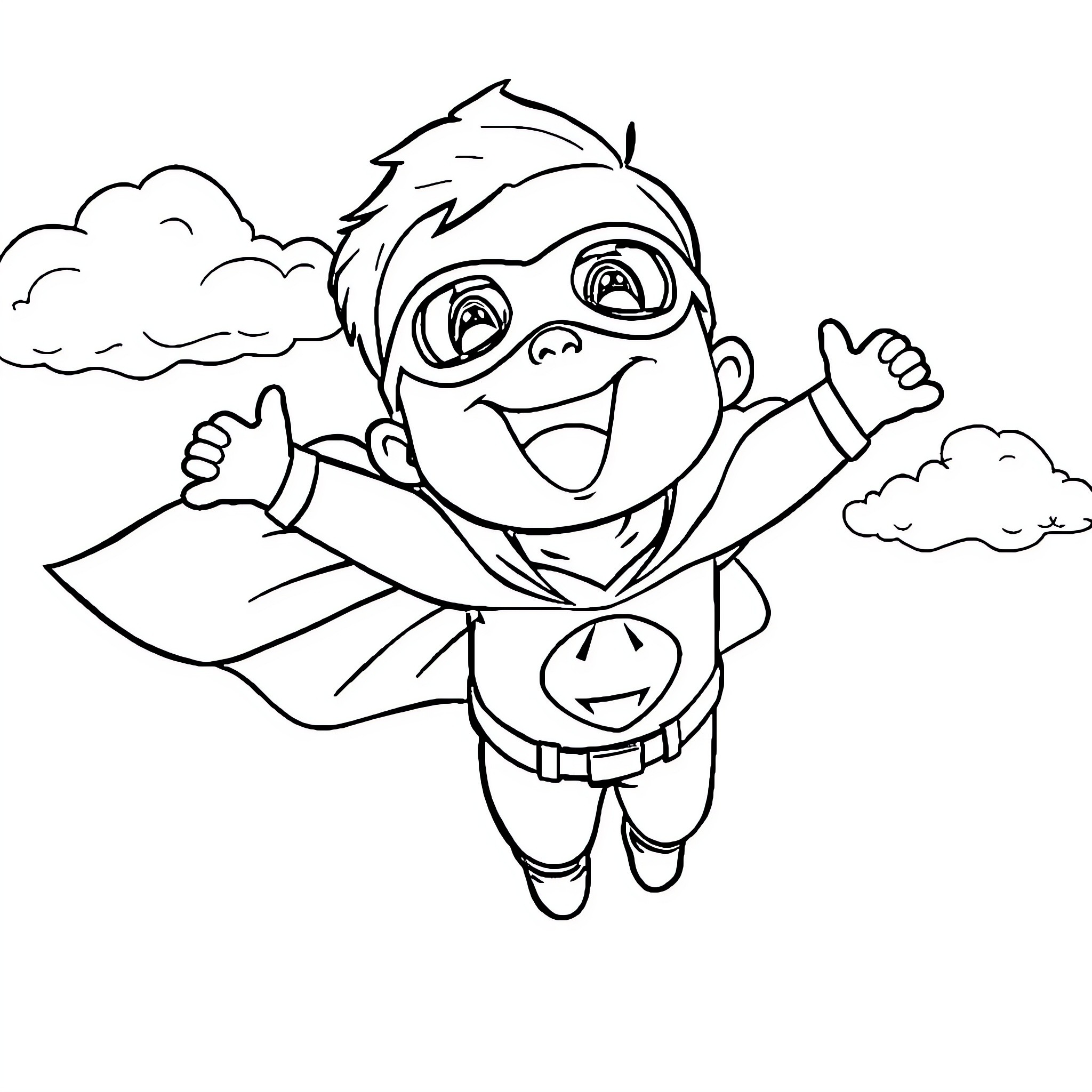 Baby Boy Flying with Superhero Costume and Cape Coloring Page (free black-and-white line drawing printable PDF for all, from beginners to advanced learners, including children, teens, adults, and seniors)