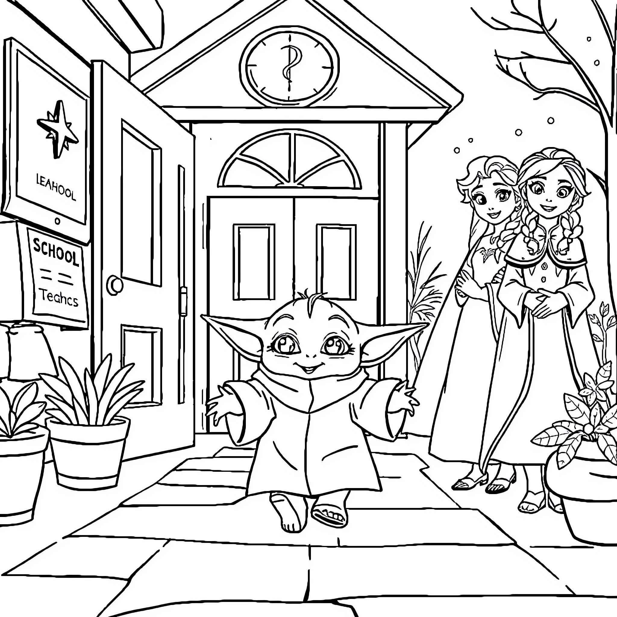 Baby Yoda greeting two girls outside school Coloring Page (free black-and-white line drawing printable PDF for all, from beginners to advanced learners, including children, teens, adults, and seniors)