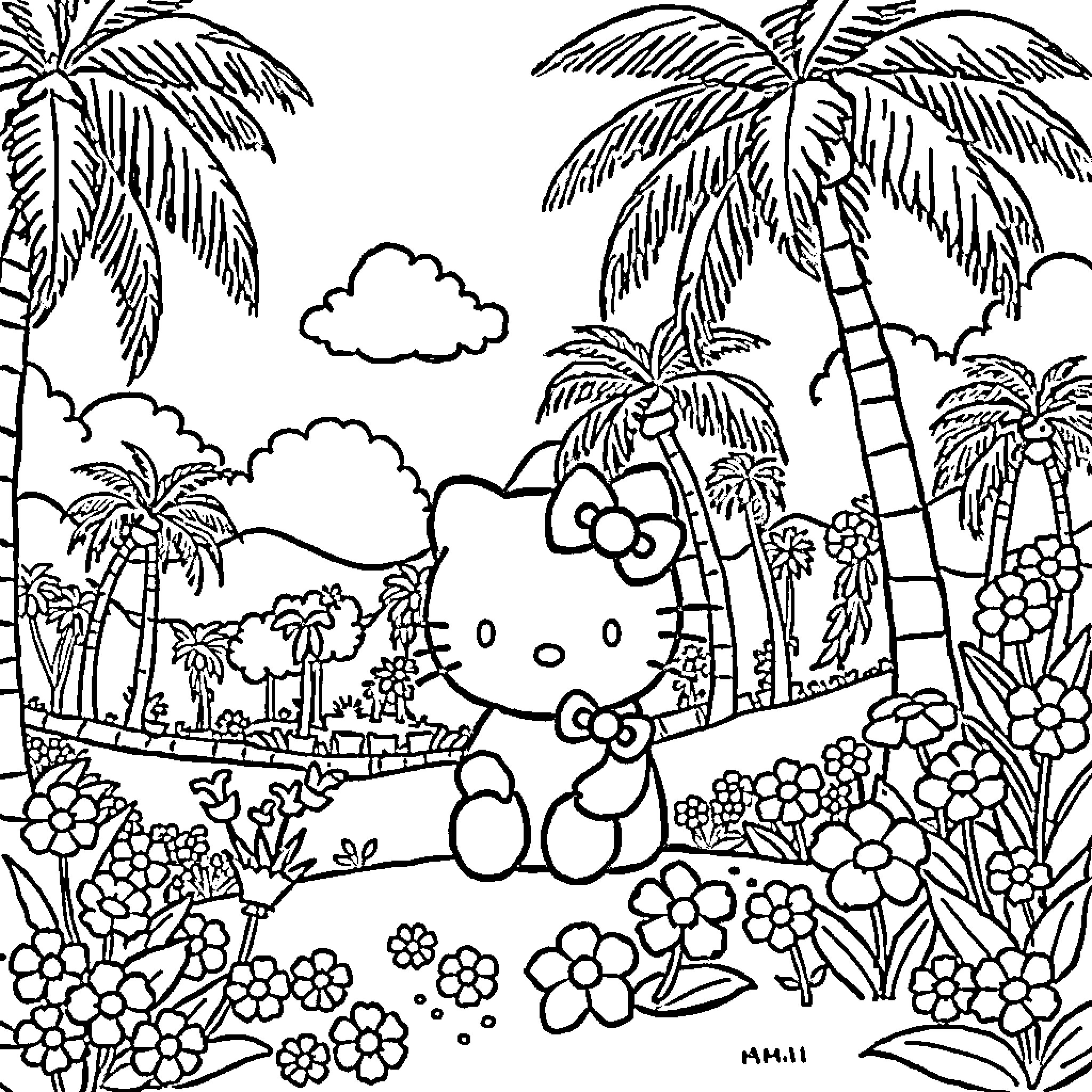 Hello Kitty Enjoying a Tropical Paradise Coloring Page (free black-and-white line drawing printable PDF for all, from beginners to advanced learners, including children, teens, adults, and seniors)