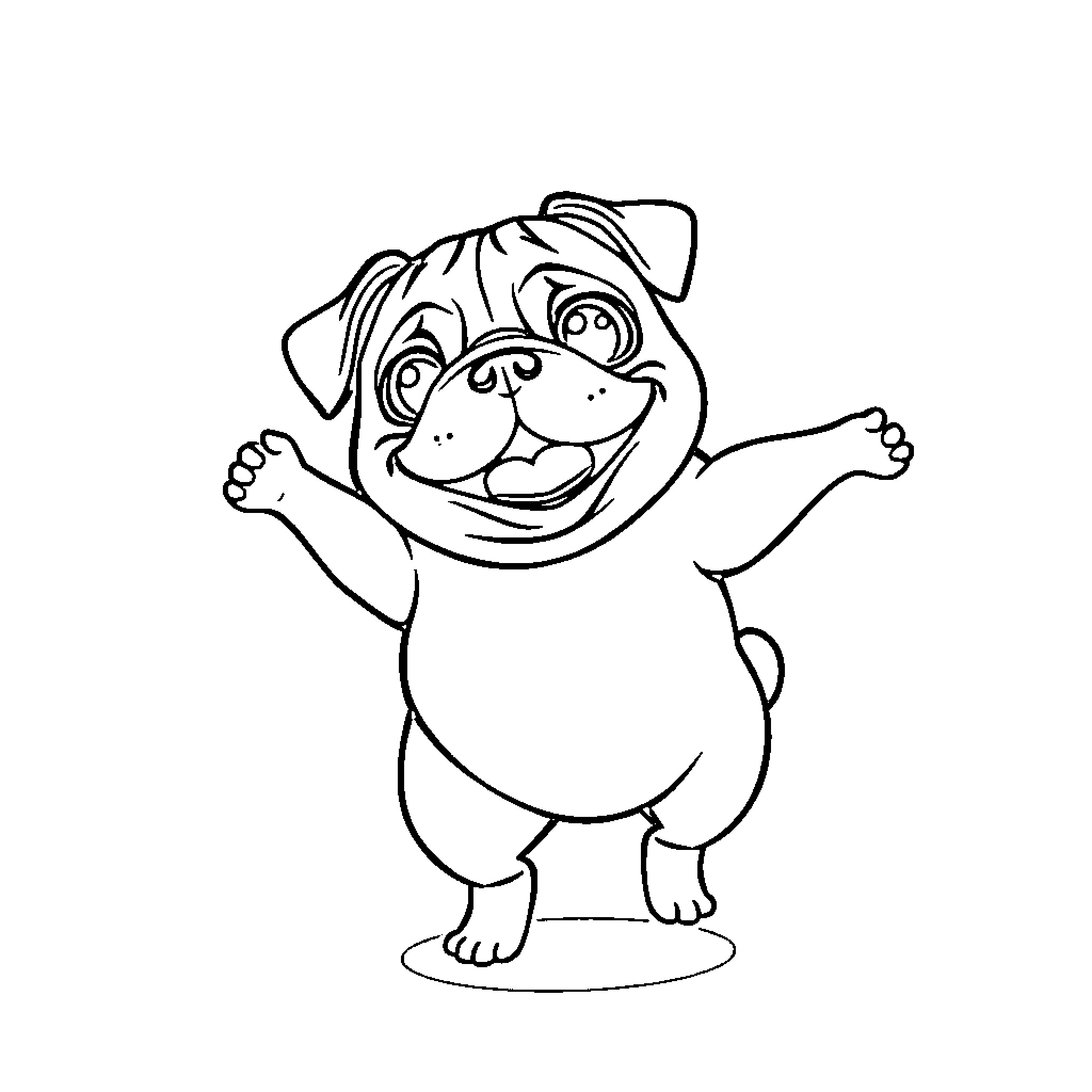 Pug Excitedly Dancing and Celebrating Coloring Page (free black-and-white line drawing printable PDF for all, from beginners to advanced learners, including children, teens, adults, and seniors)