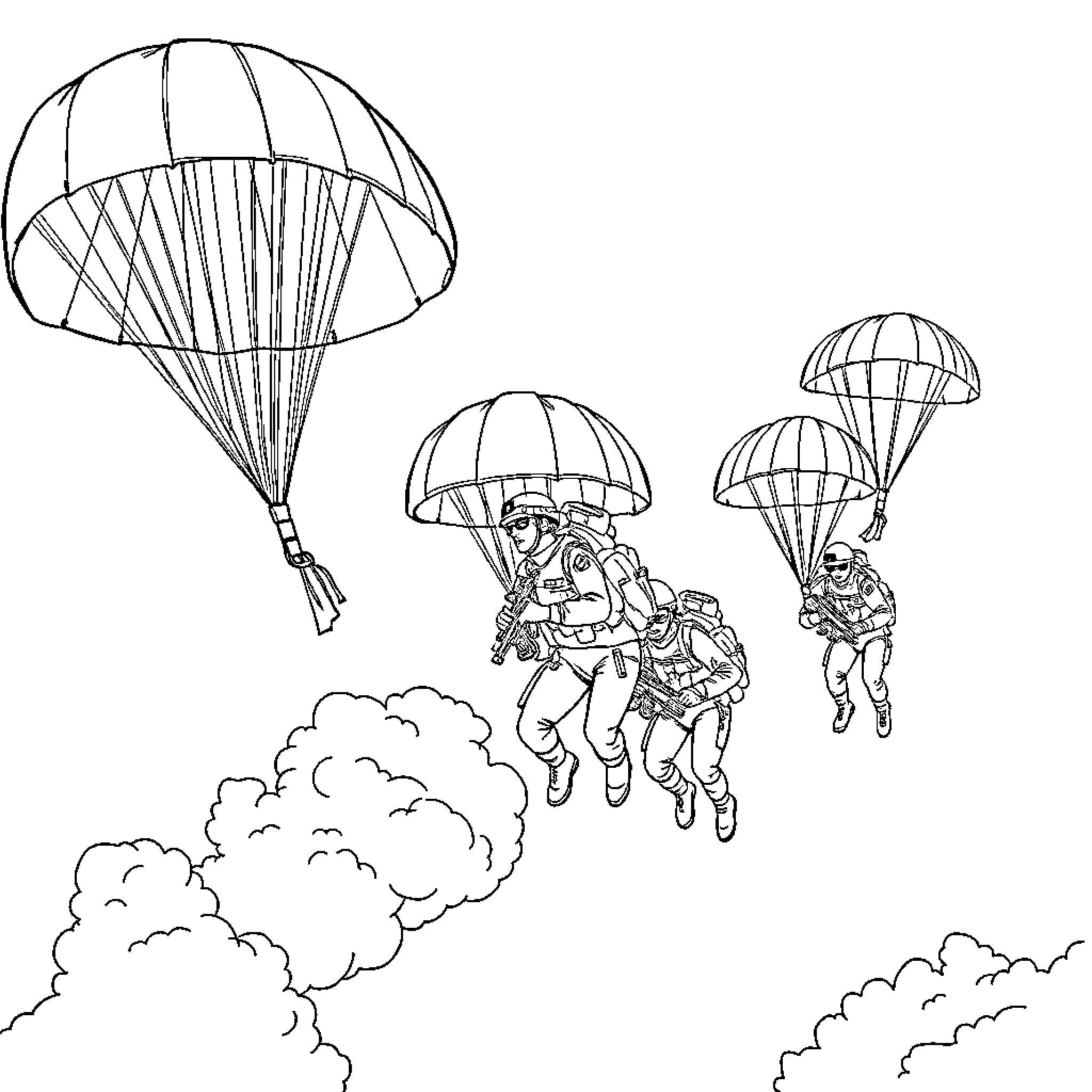 Army troops engaging in parachute jump exercise Coloring Page (free black-and-white line drawing printable PDF for all, from beginners to advanced learners, including children, teens, adults, and seniors)