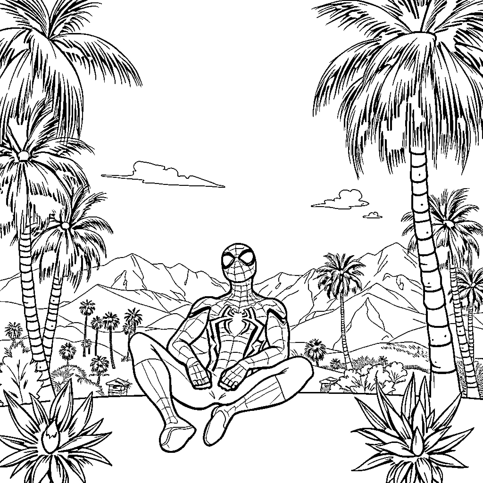 Spider-Man relaxing in a tropical paradise Coloring Page (free black-and-white line drawing printable PDF for all, from beginners to advanced learners, including children, teens, adults, and seniors)