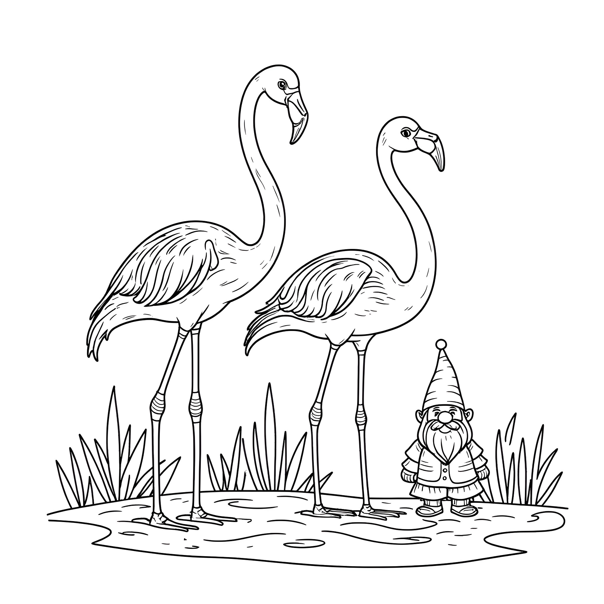 Flamingos and Gnome in the Wetlands Coloring Page (free black-and-white line drawing printable PDF for all, from beginners to advanced learners, including children, teens, adults, and seniors)