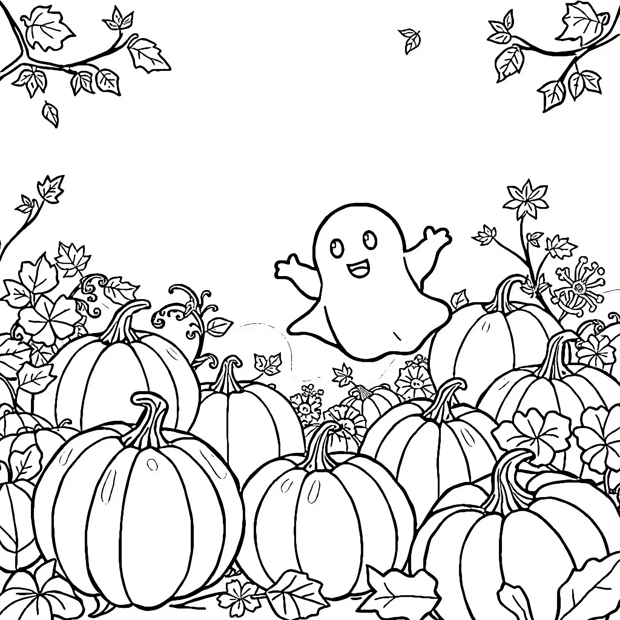 Ghost playing amidst autumn pumpkins and foliage Coloring Page (free black-and-white line drawing printable PDF for all, from beginners to advanced learners, including children, teens, adults, and seniors)