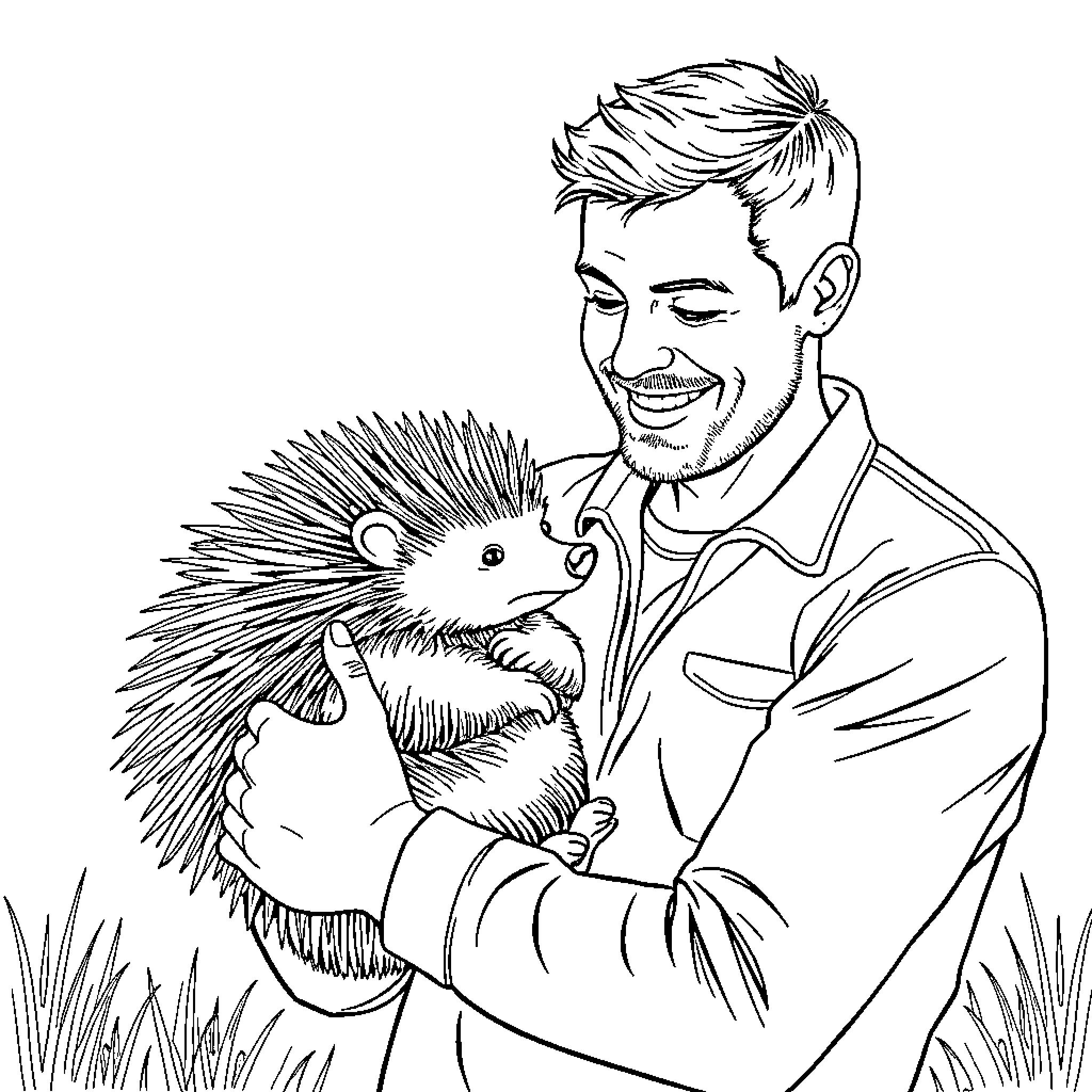 Man Holding Happy Porcupine in the Grass Coloring Page (free black-and-white line drawing printable PDF for all, from beginners to advanced learners, including children, teens, adults, and seniors)