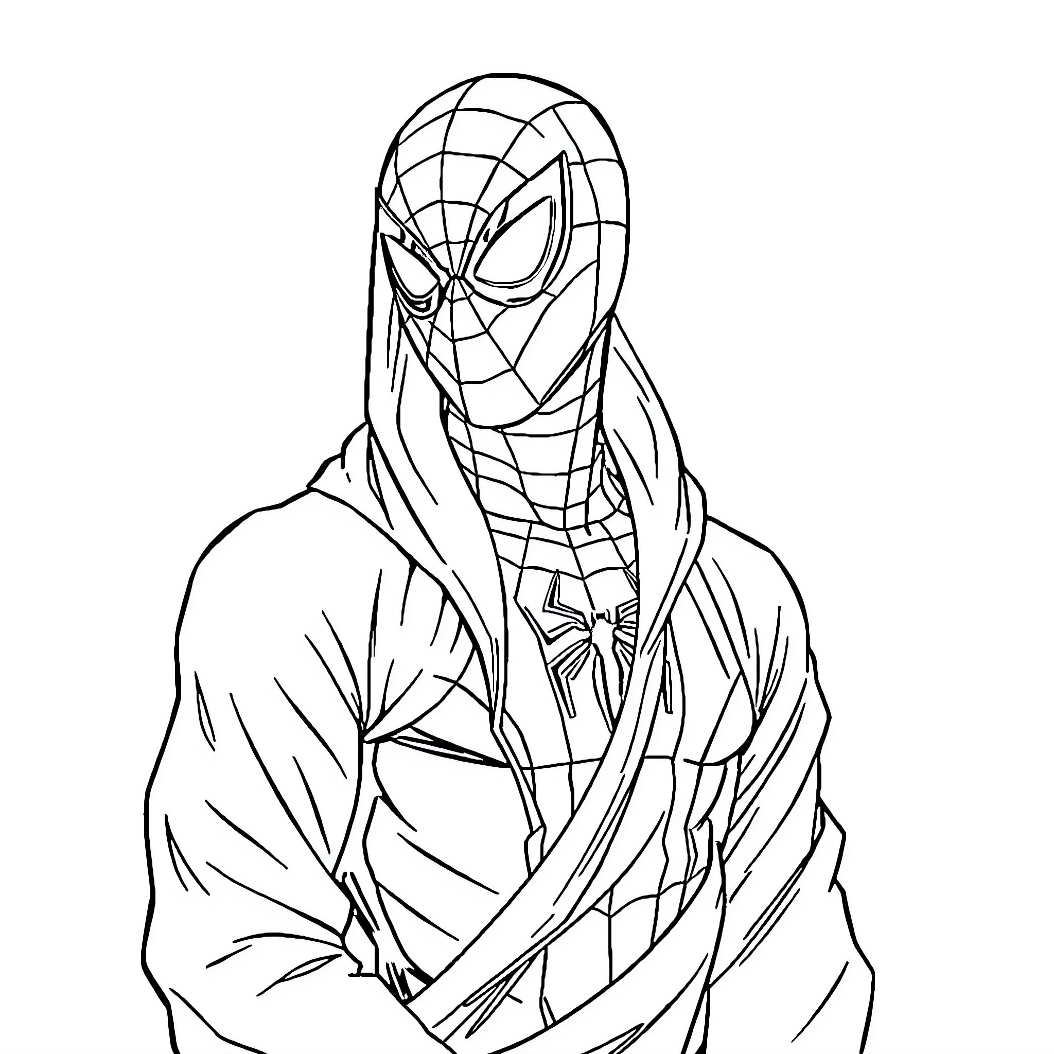 Spiderman in pensive pose Coloring Page (free black-and-white line drawing printable PDF for all, from beginners to advanced learners, including children, teens, adults, and seniors)